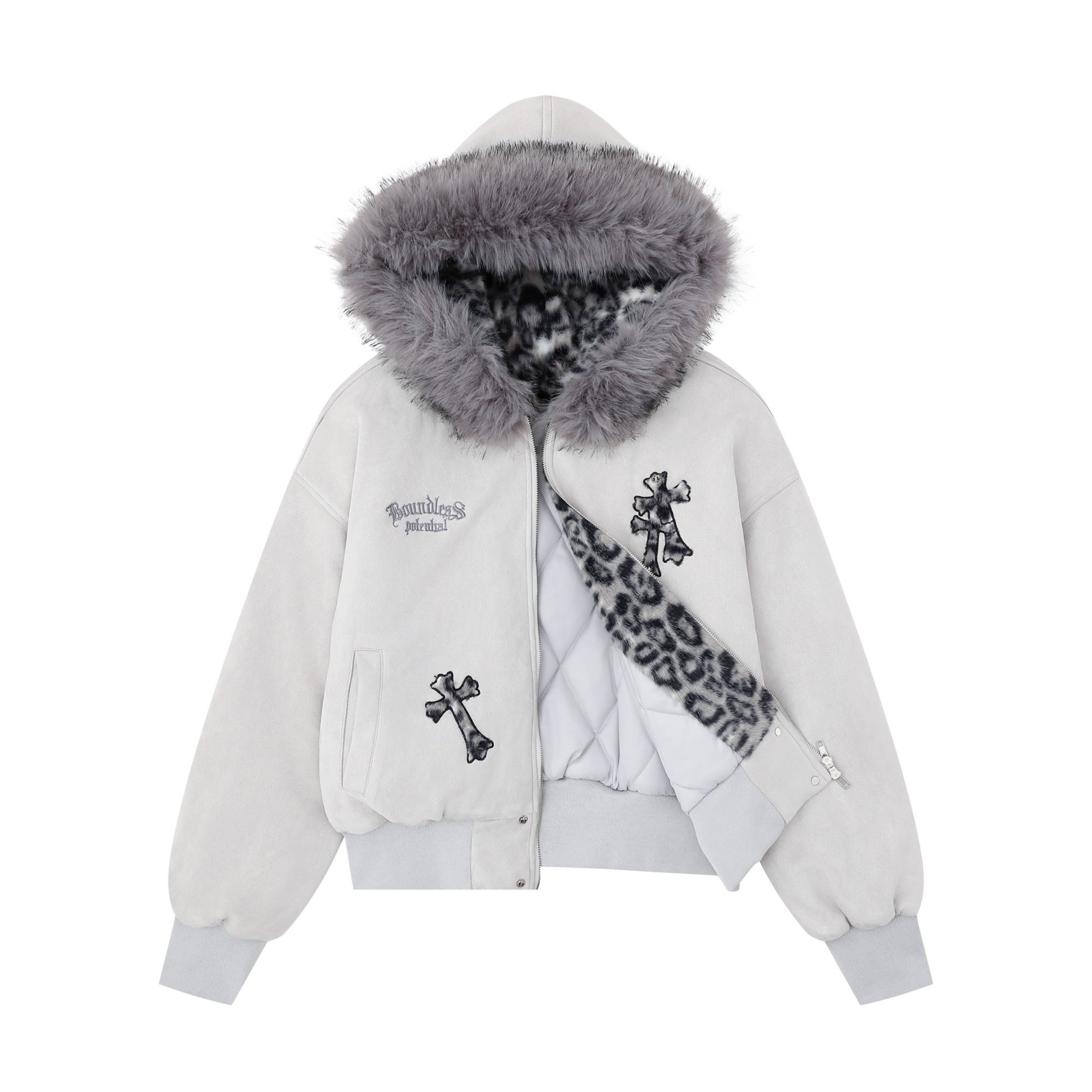 3-6-5.shop Cross Patch Fur Hoodie Jacket