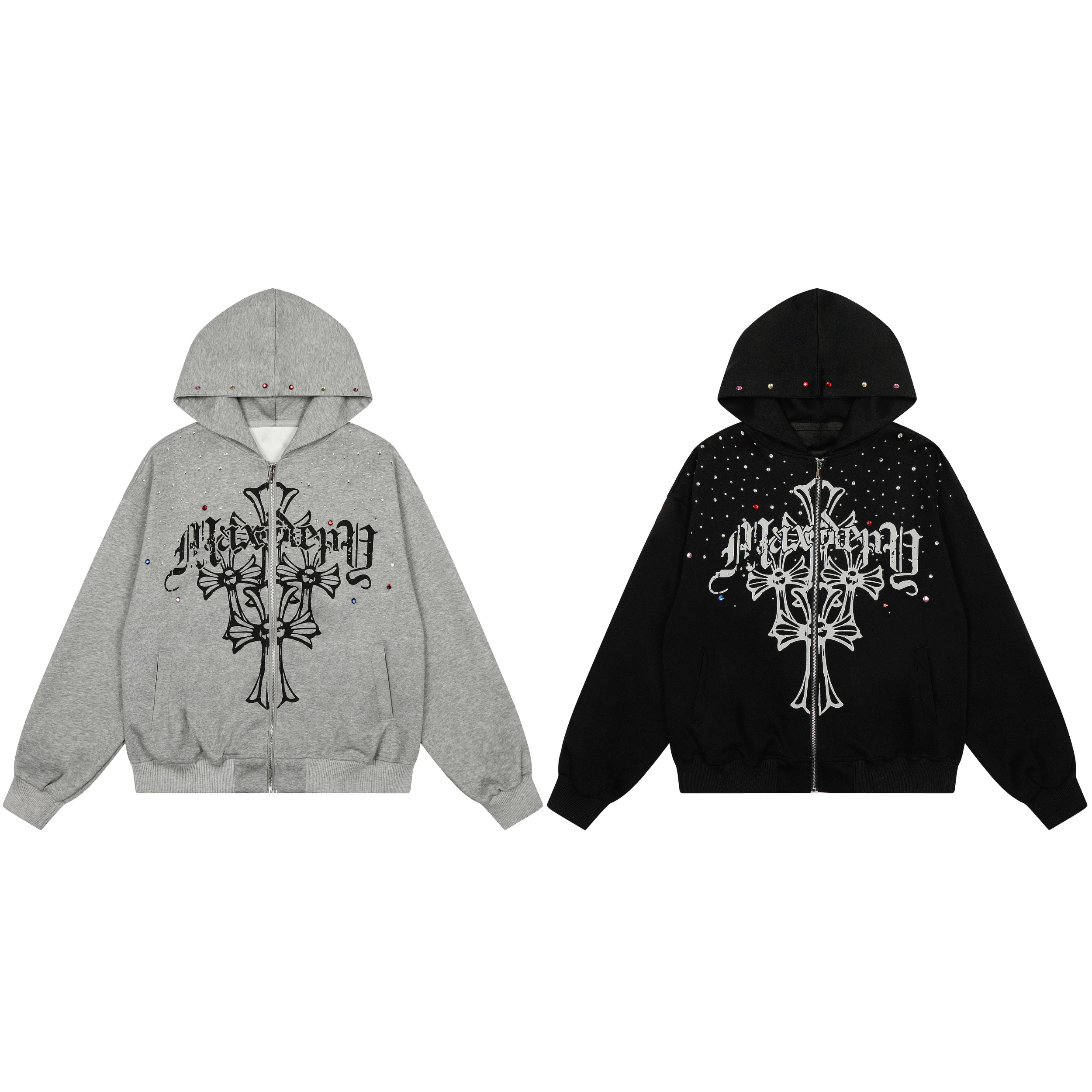 3-6-5.shop Rhinestone Cross Zip Hoodie