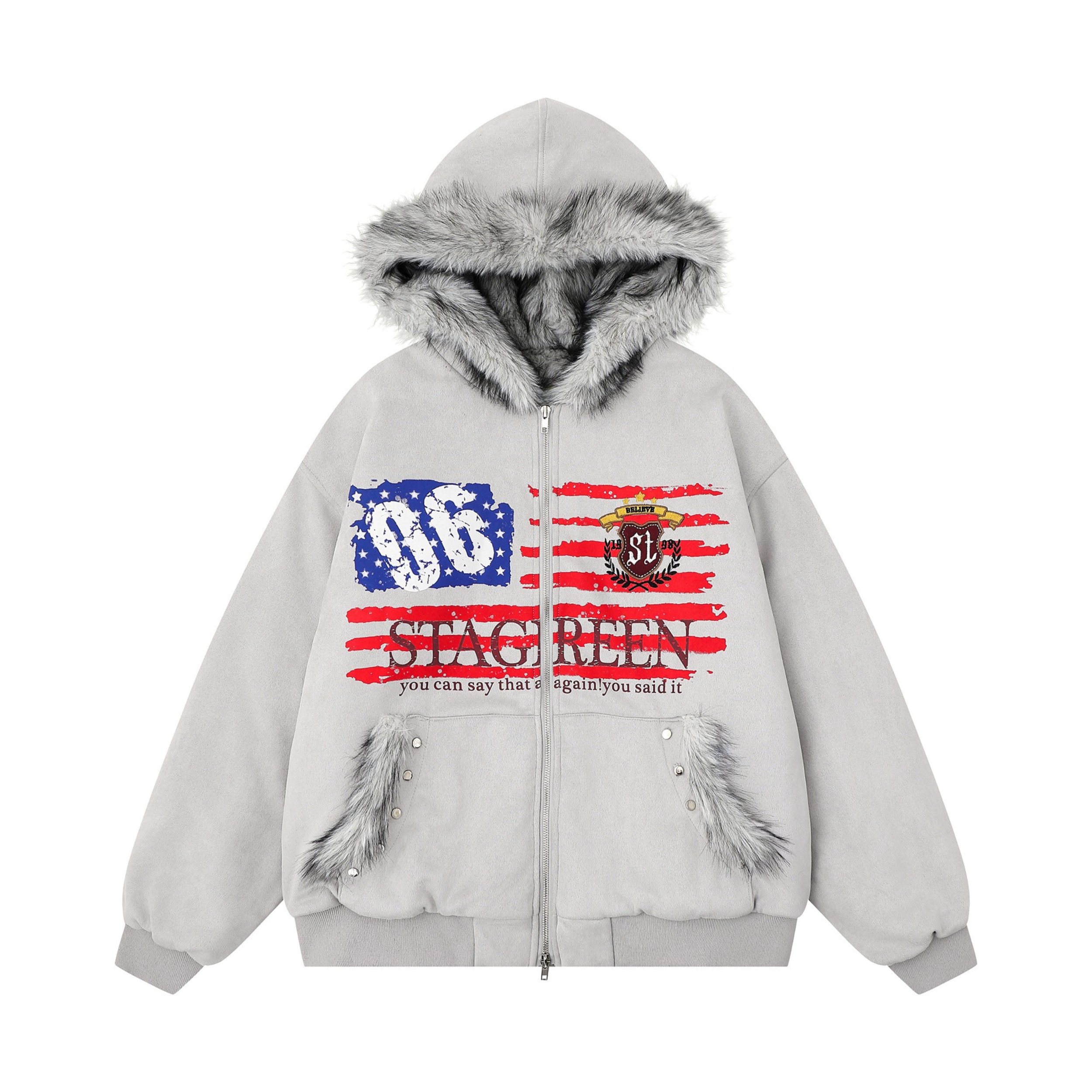 3-6-5.shop Flag Graphic Fur Hoodie Jacket