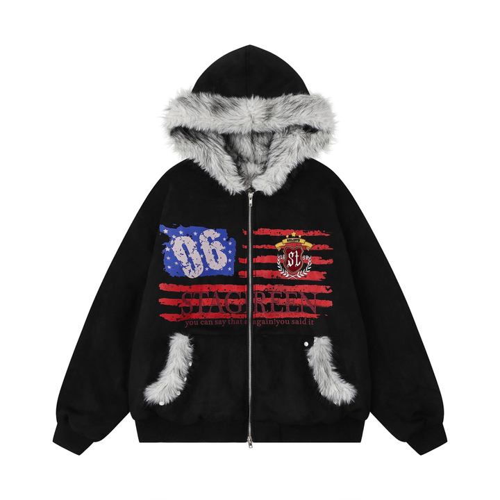 3-6-5.shop Flag Graphic Fur Hoodie Jacket