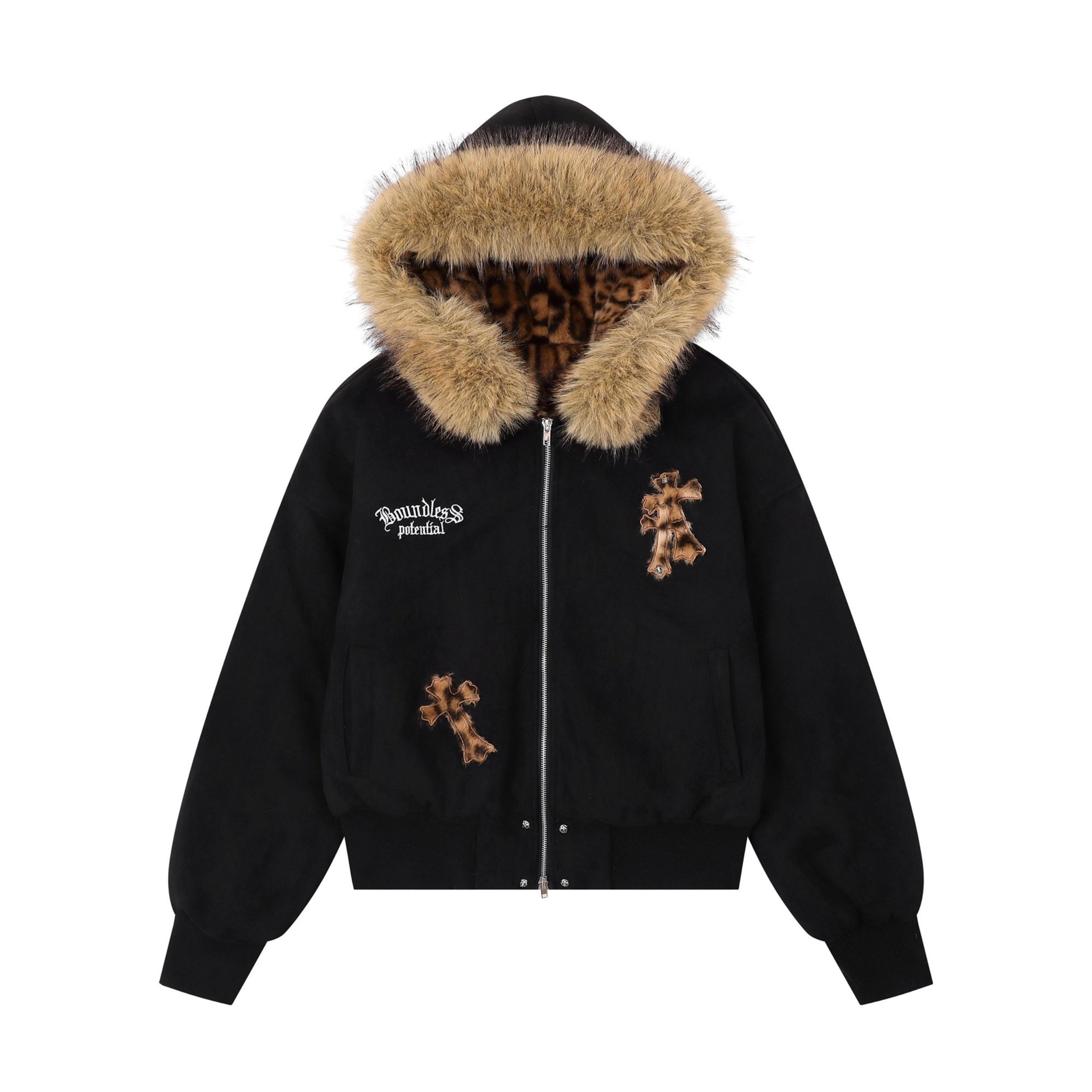 3-6-5.shop Cross Patch Fur Hoodie Jacket