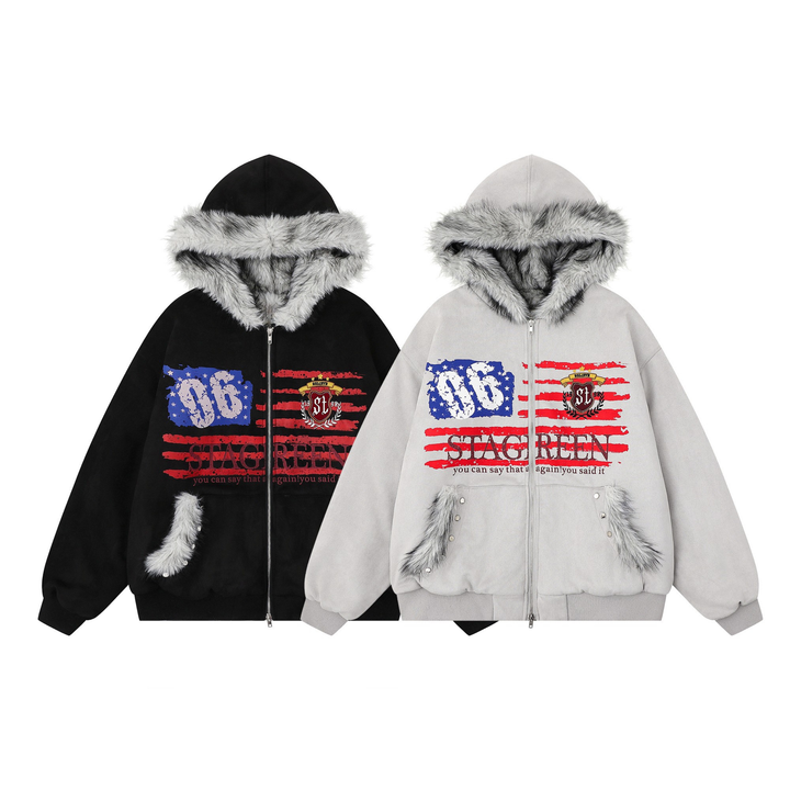 3-6-5.shop Flag Graphic Fur Hoodie Jacket