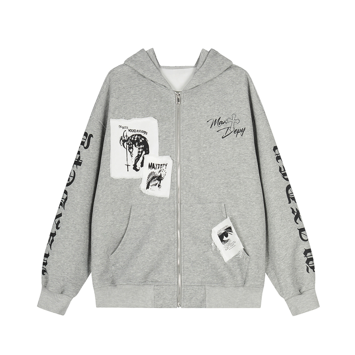 3-6-5.shop Distressed Graphic Zip Hoodie