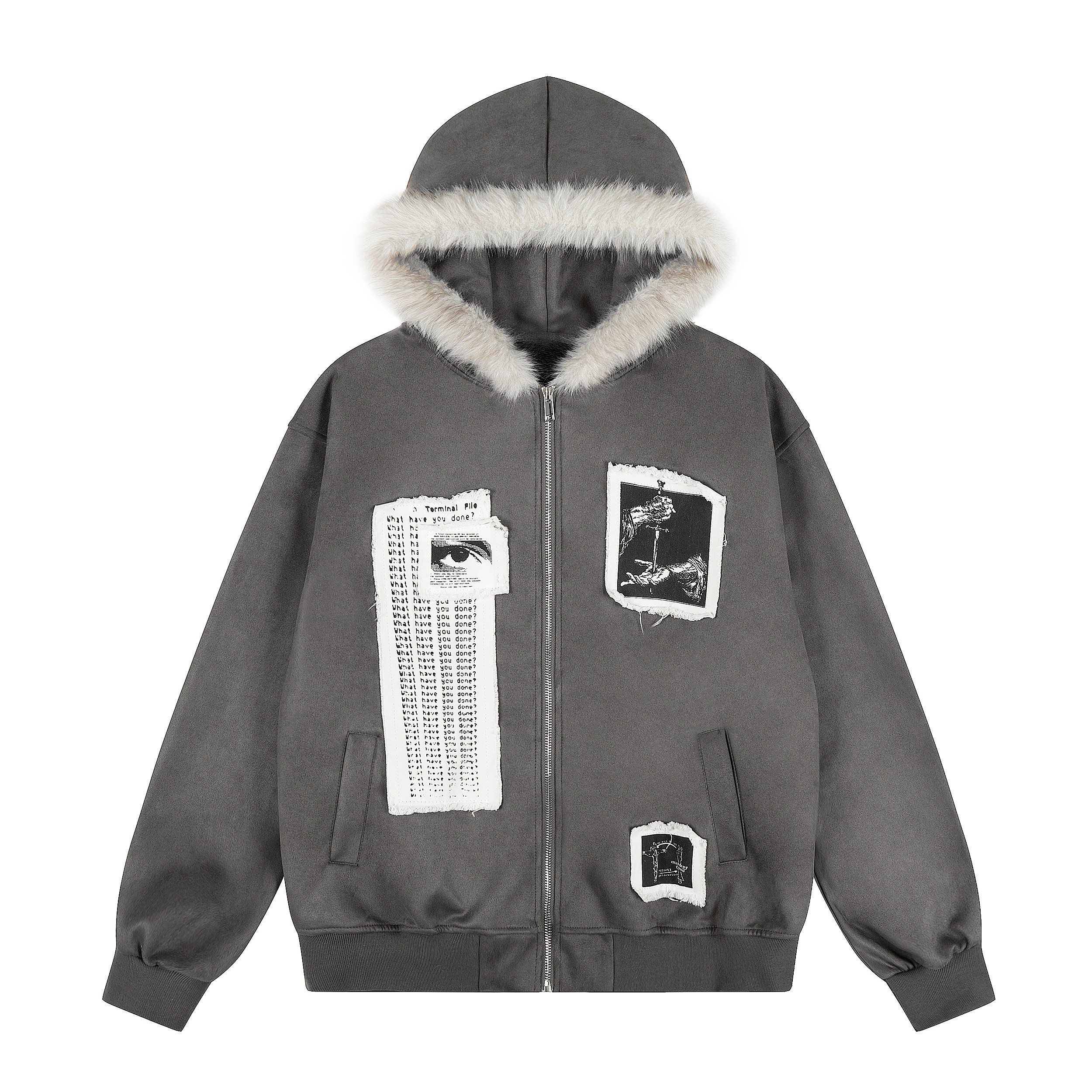 3-6-5.shop Graphic Faux-Fur Hooded Zip Jacket