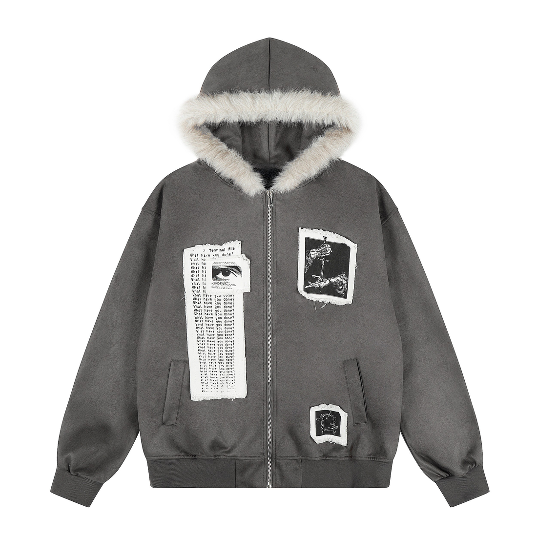 3-6-5.shop Graphic Faux-Fur Hooded Zip Jacket