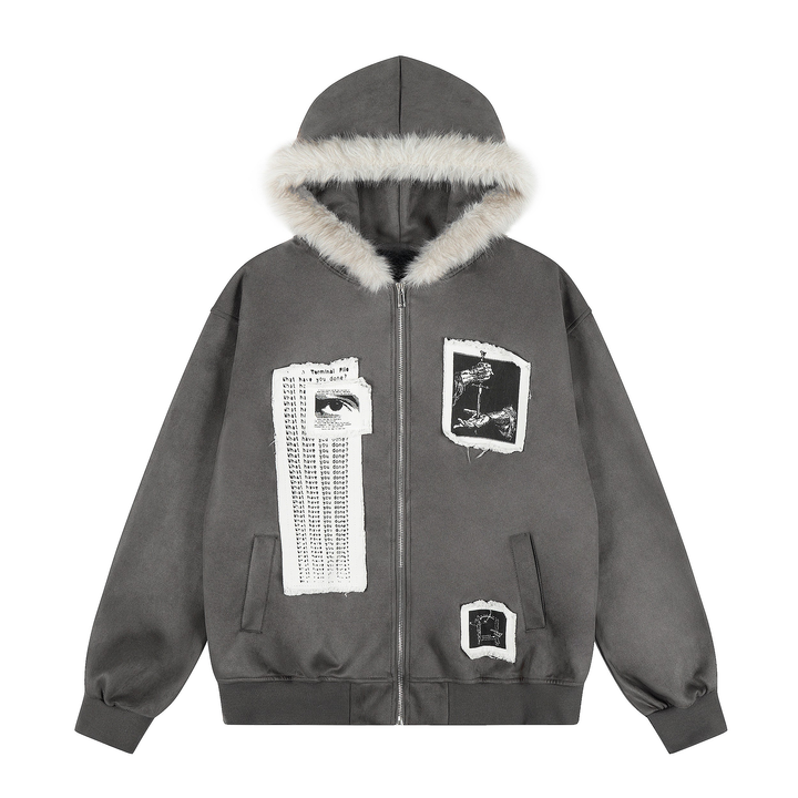3-6-5.shop Graphic Faux-Fur Hooded Zip Jacket