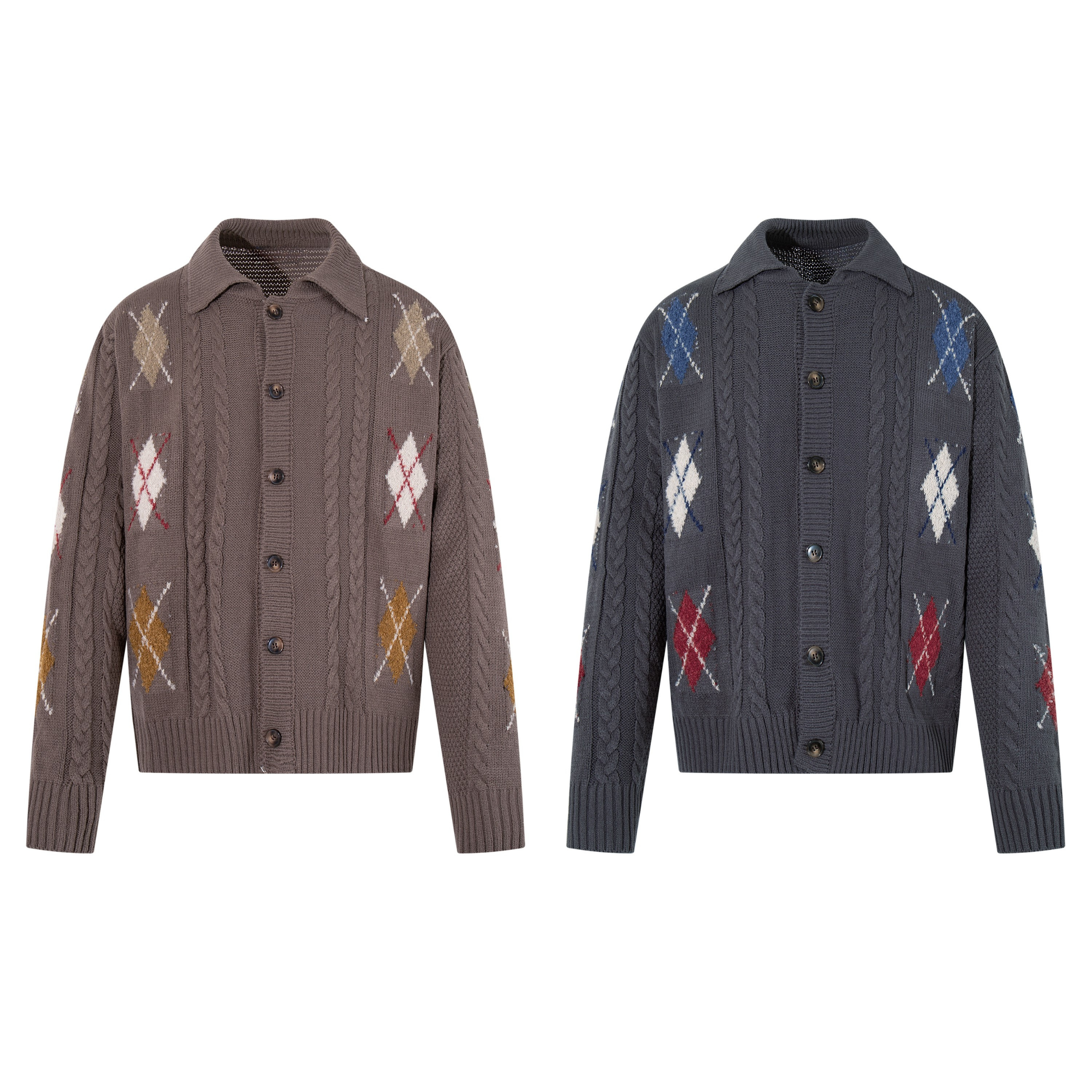 3-6-5.shop Argyle Cable Knit Cardigan