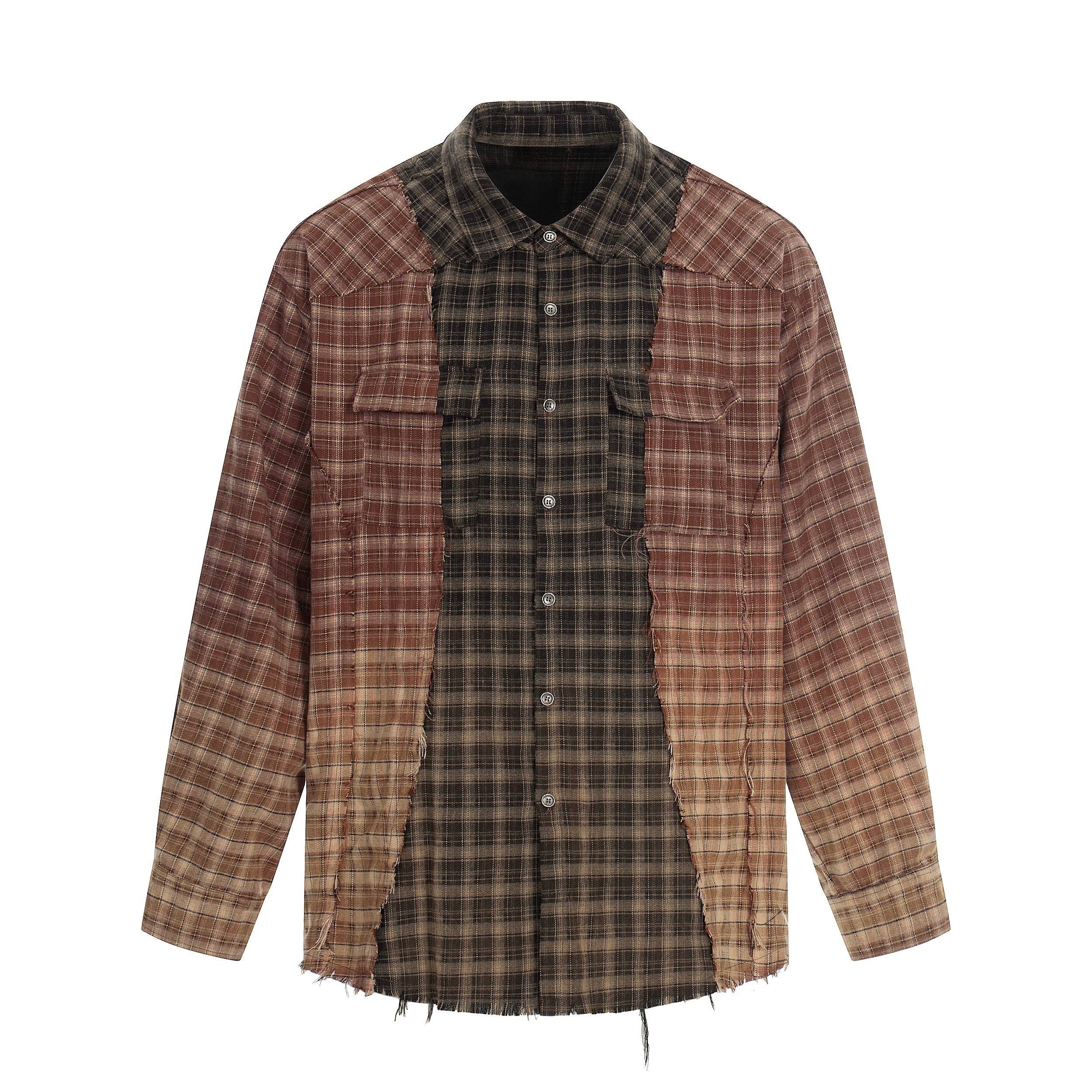 3-6-5.shop Patchwork Distressed Plaid Button-Up Shirt