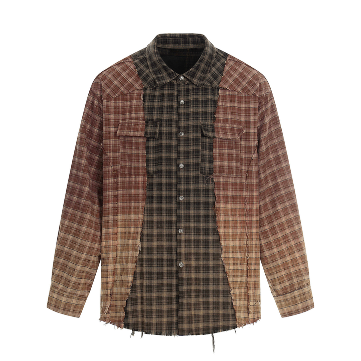 3-6-5.shop Patchwork Distressed Plaid Button-Up Shirt