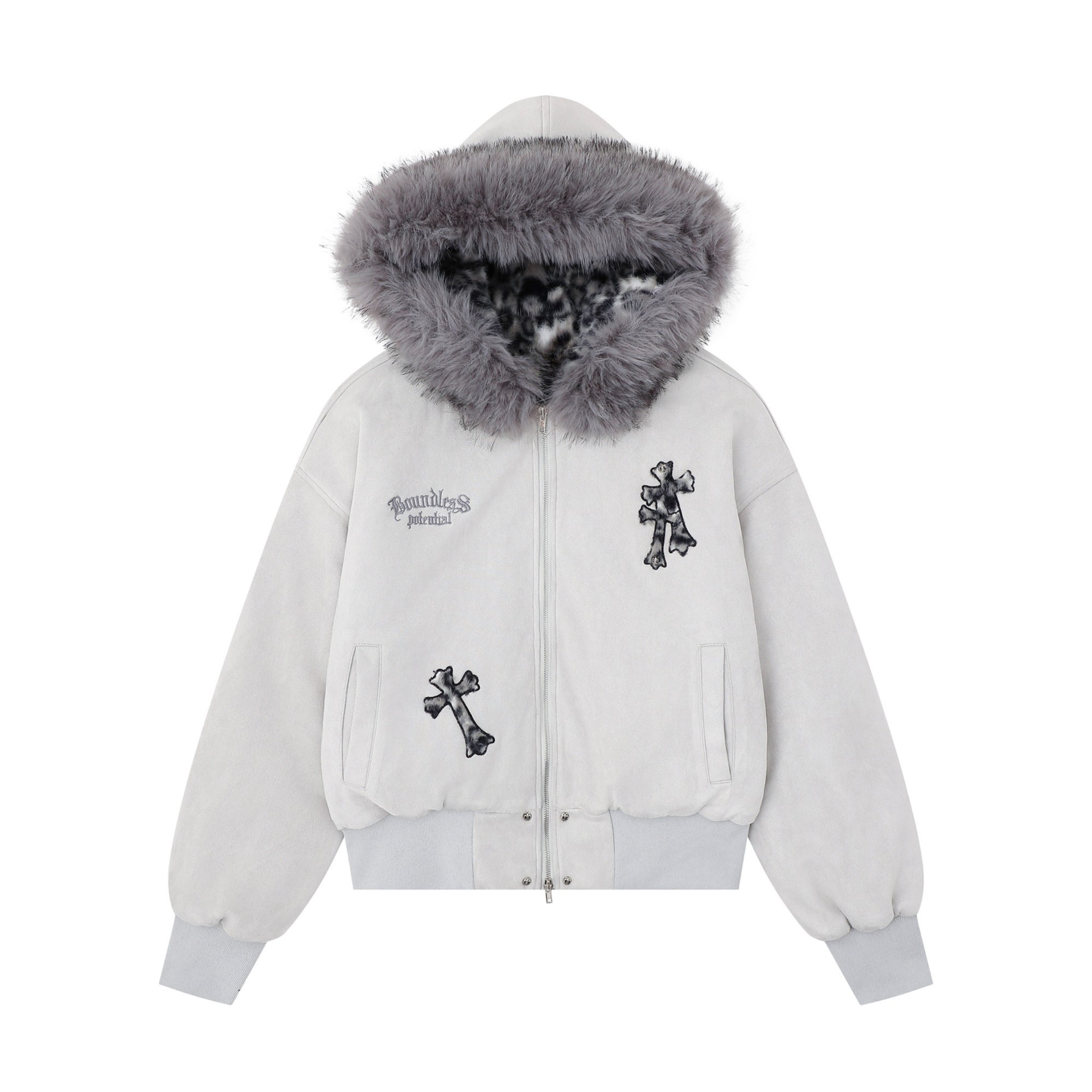 3-6-5.shop Cross Patch Fur Hoodie Jacket