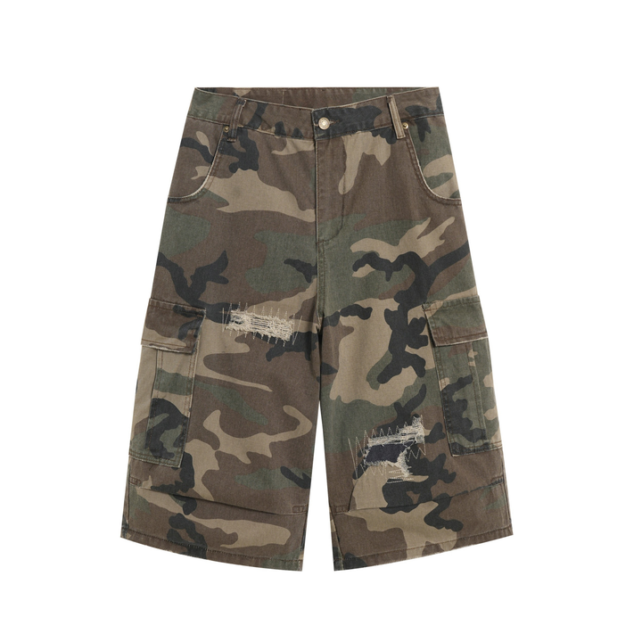 3-6-5.shop Distressed Camo Cargo Shorts