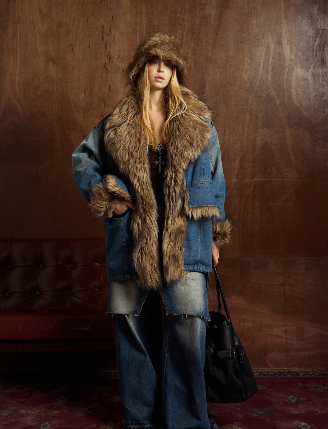 3-6-5.shop Faux-Fur Collar Denim Jacket