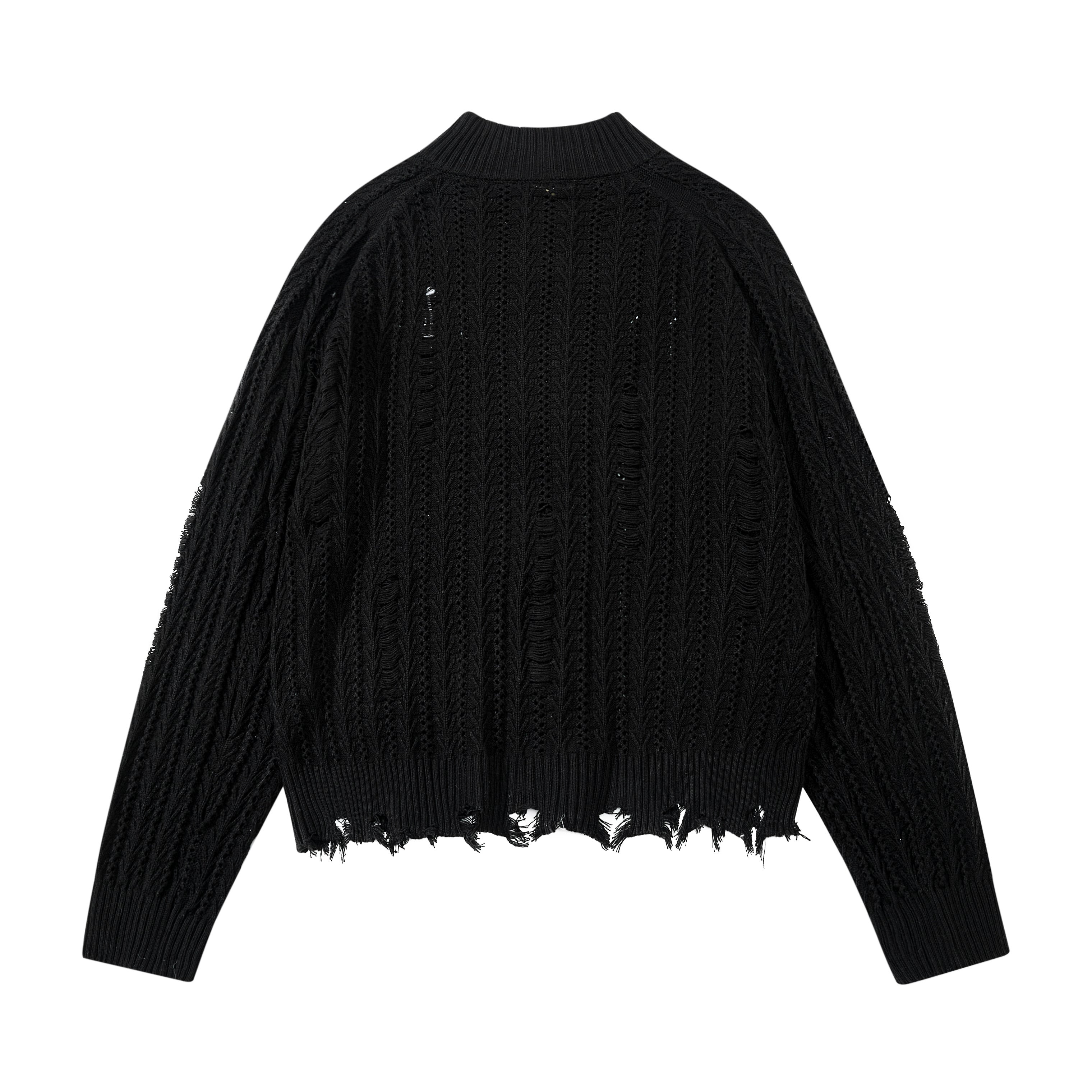 3-6-5.shop Distressed Knit Zip Cardigan