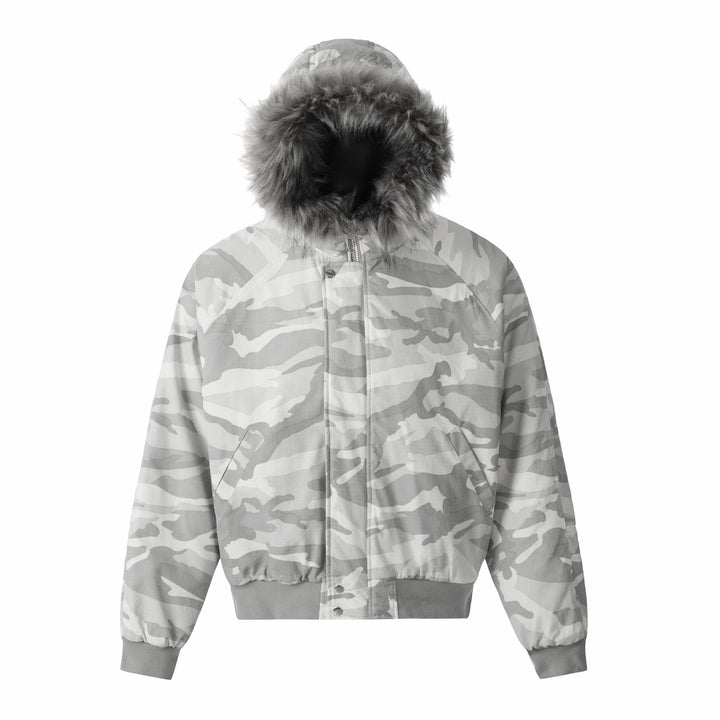 3-6-5.shop White Camo Faux Fur Hooded Padded Jacket