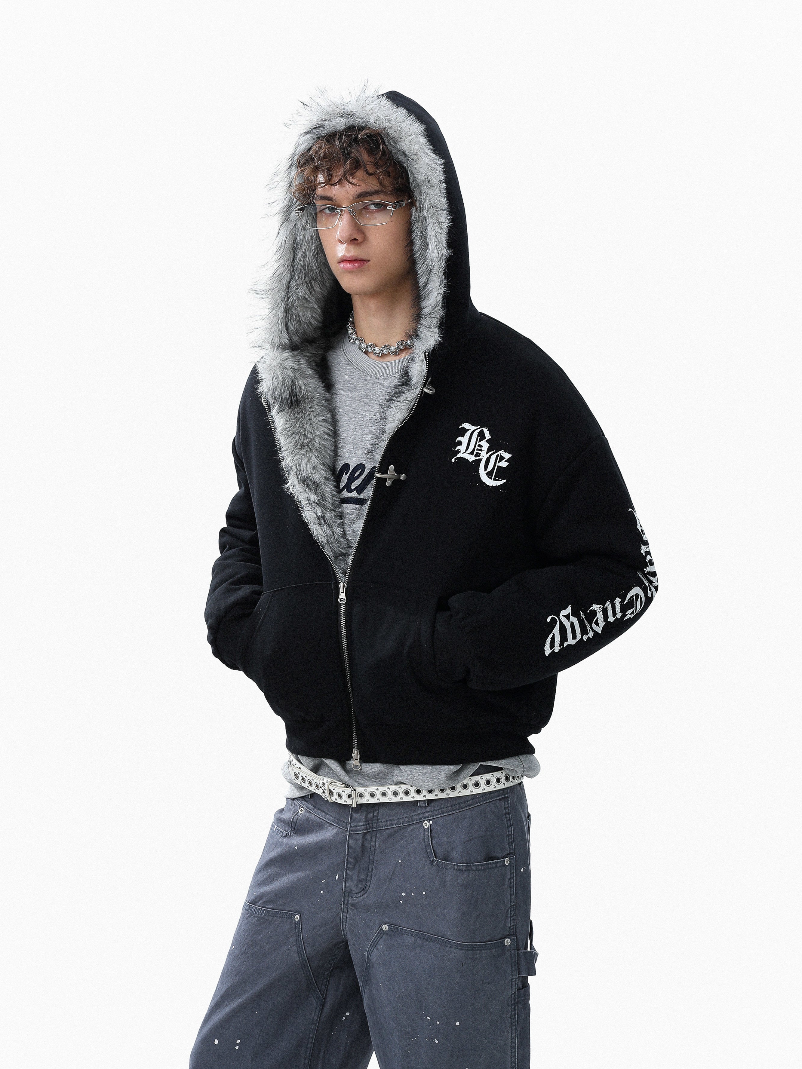 3-6-5.shop Faux Fur Lined Metal Clasp Hoodie Jacket