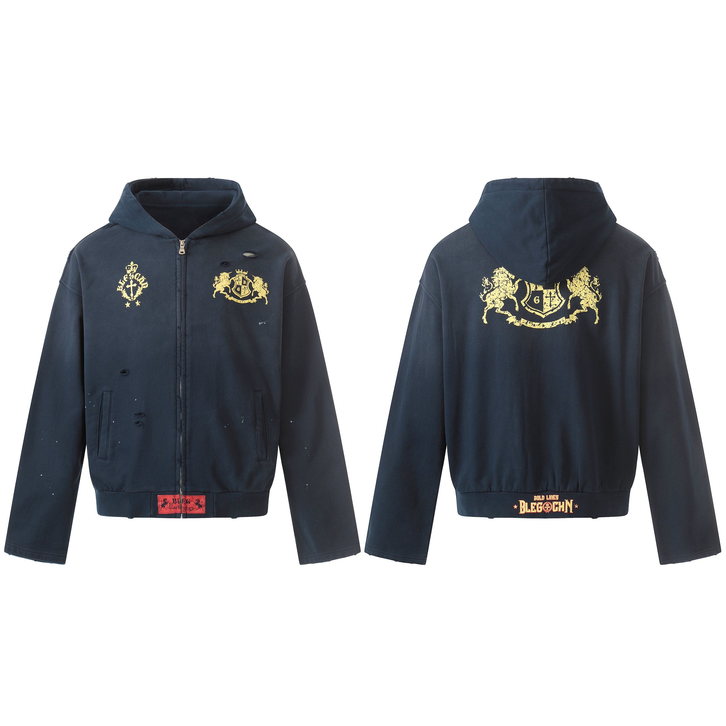 3-6-5.shop Distressed Crest Zip-Up Hoodie
