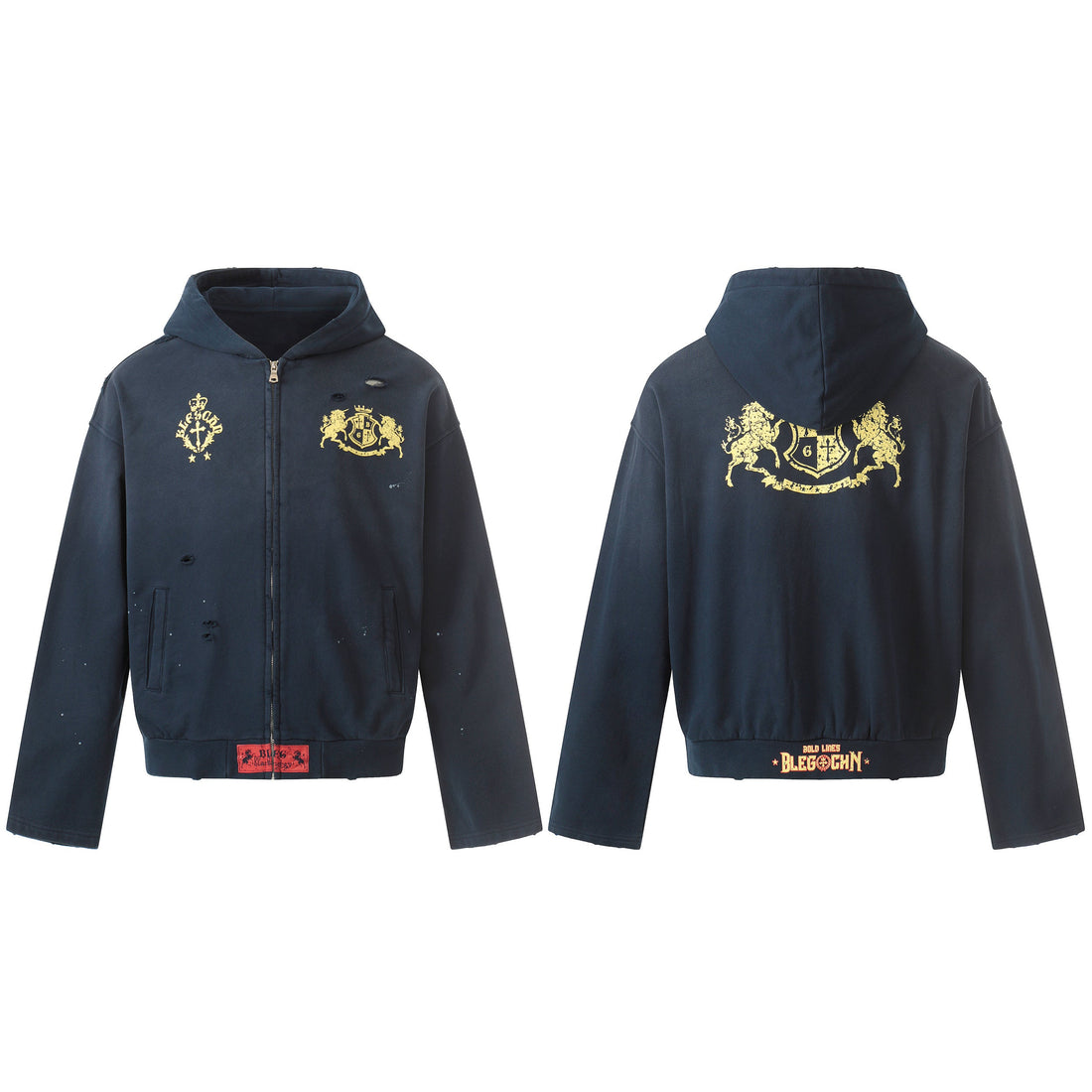 3-6-5.shop Distressed Crest Zip-Up Hoodie