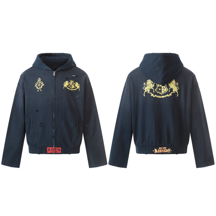 3-6-5.shop Distressed Crest Zip-Up Hoodie