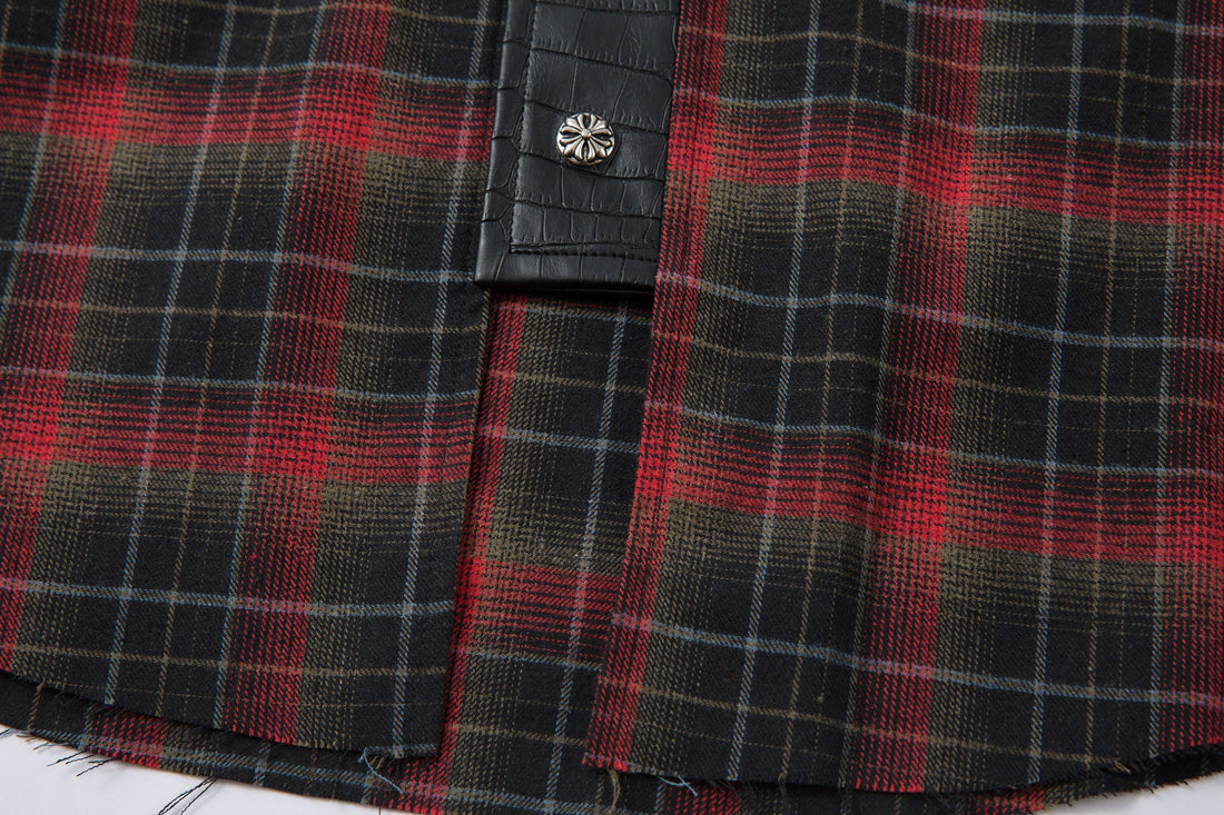 3-6-5.shop Plaid Faux-Leather Trim Flannel Shirt Jacket