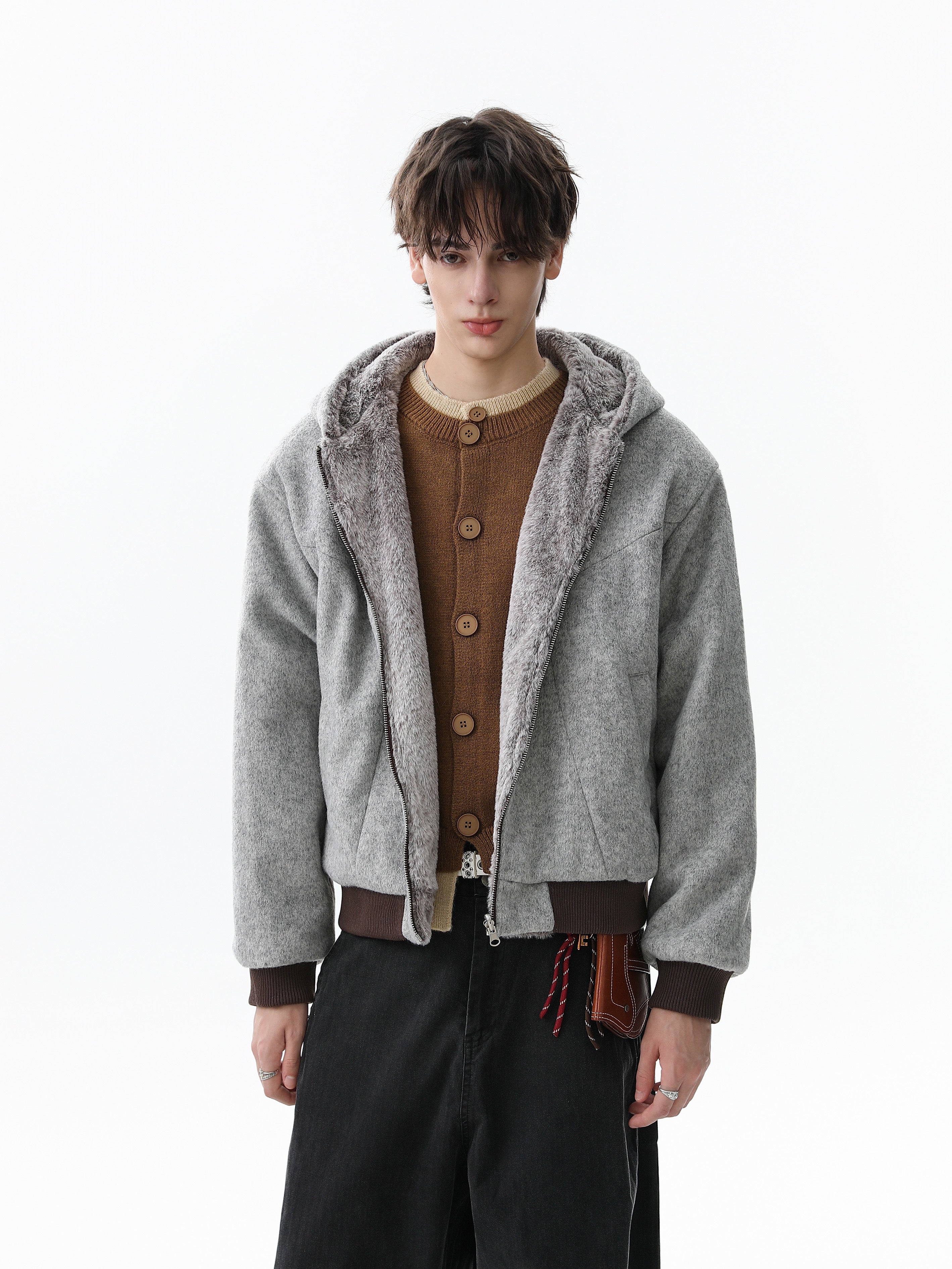 3-6-5.shop Wool Blend Fleece Hooded Bomber Jacket