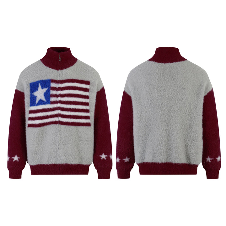 3-6-5.shop Flag Pattern Fuzzy Half-Zip Sweater