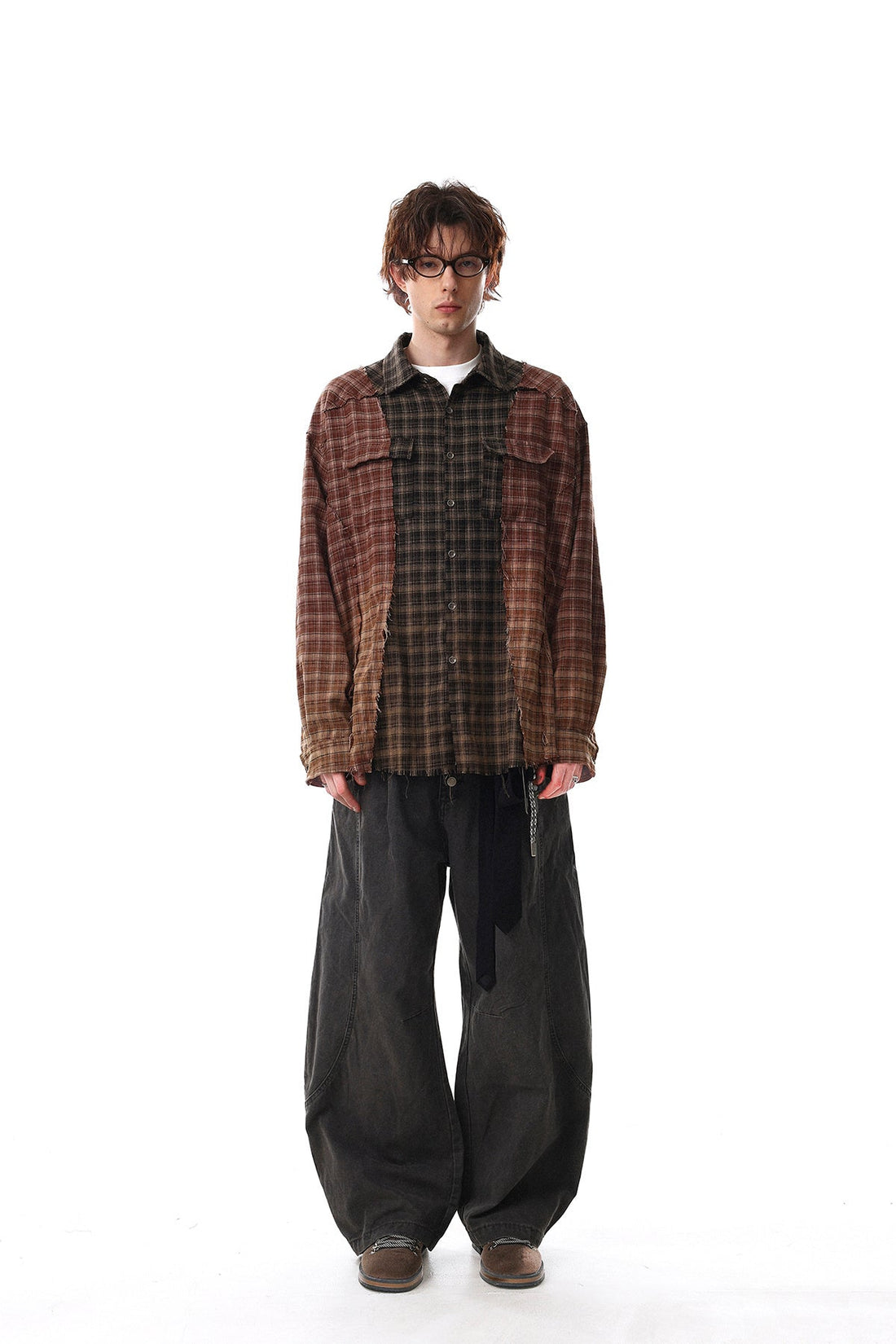 3-6-5.shop Patchwork Distressed Plaid Button-Up Shirt