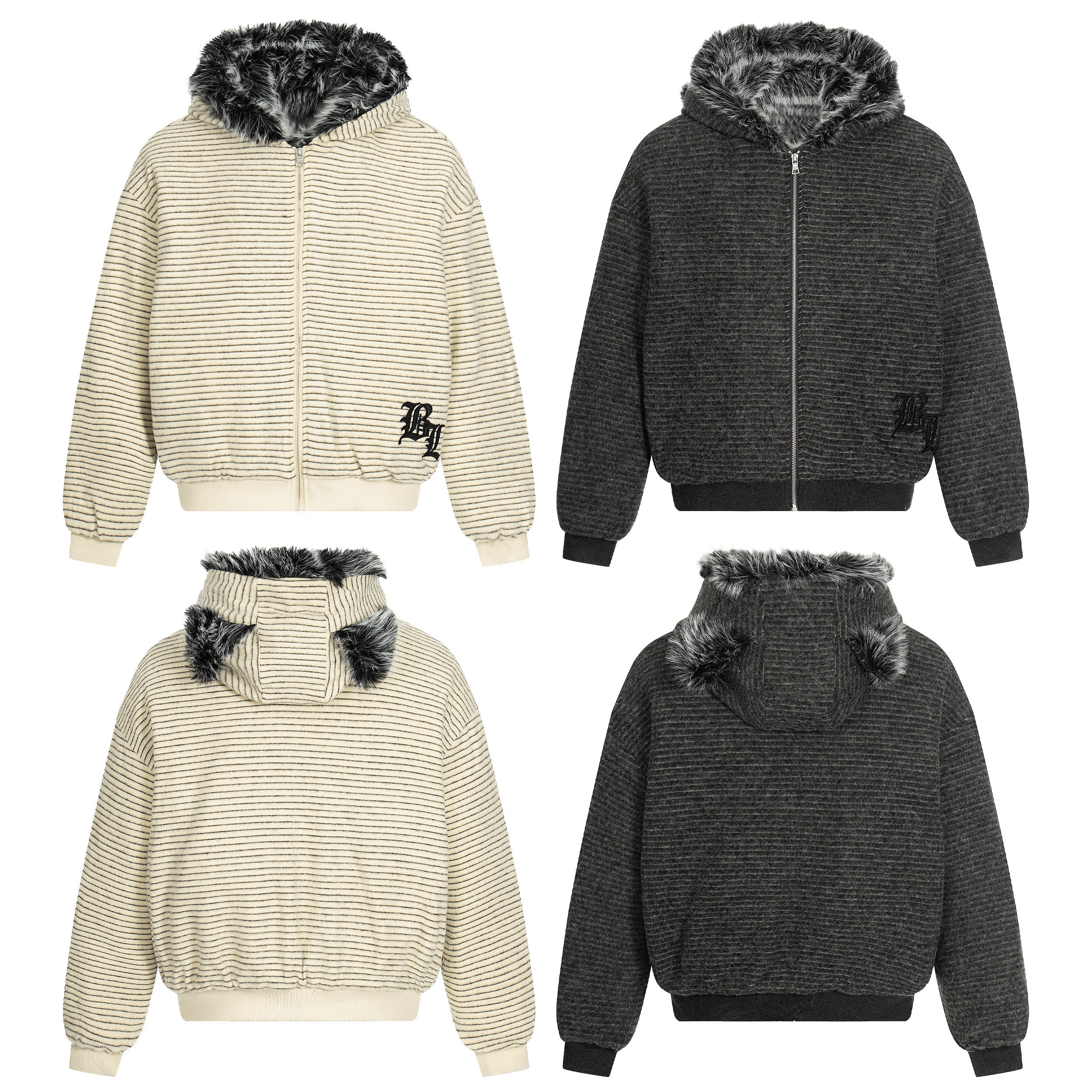 3-6-5.shop Faux-Fur Lined Striped Hoodie Jacket