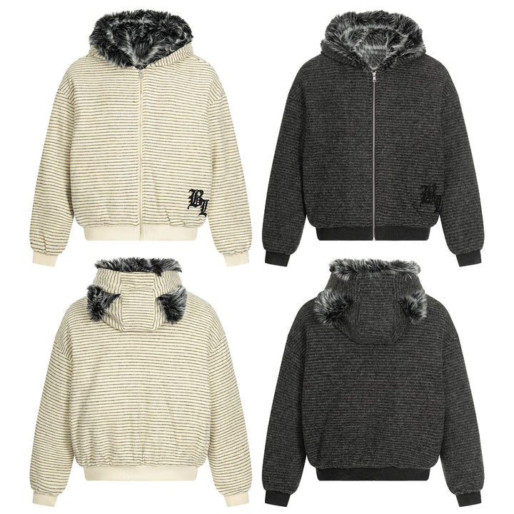 3-6-5.shop Faux-Fur Lined Striped Hoodie Jacket