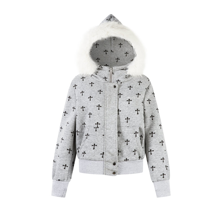 3-6-5.shop Cross Print Faux Fur Hooded Jacket