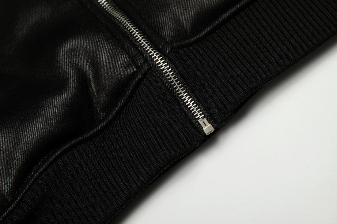 3-6-5.shop Badge PU Leather Hooded Jacket