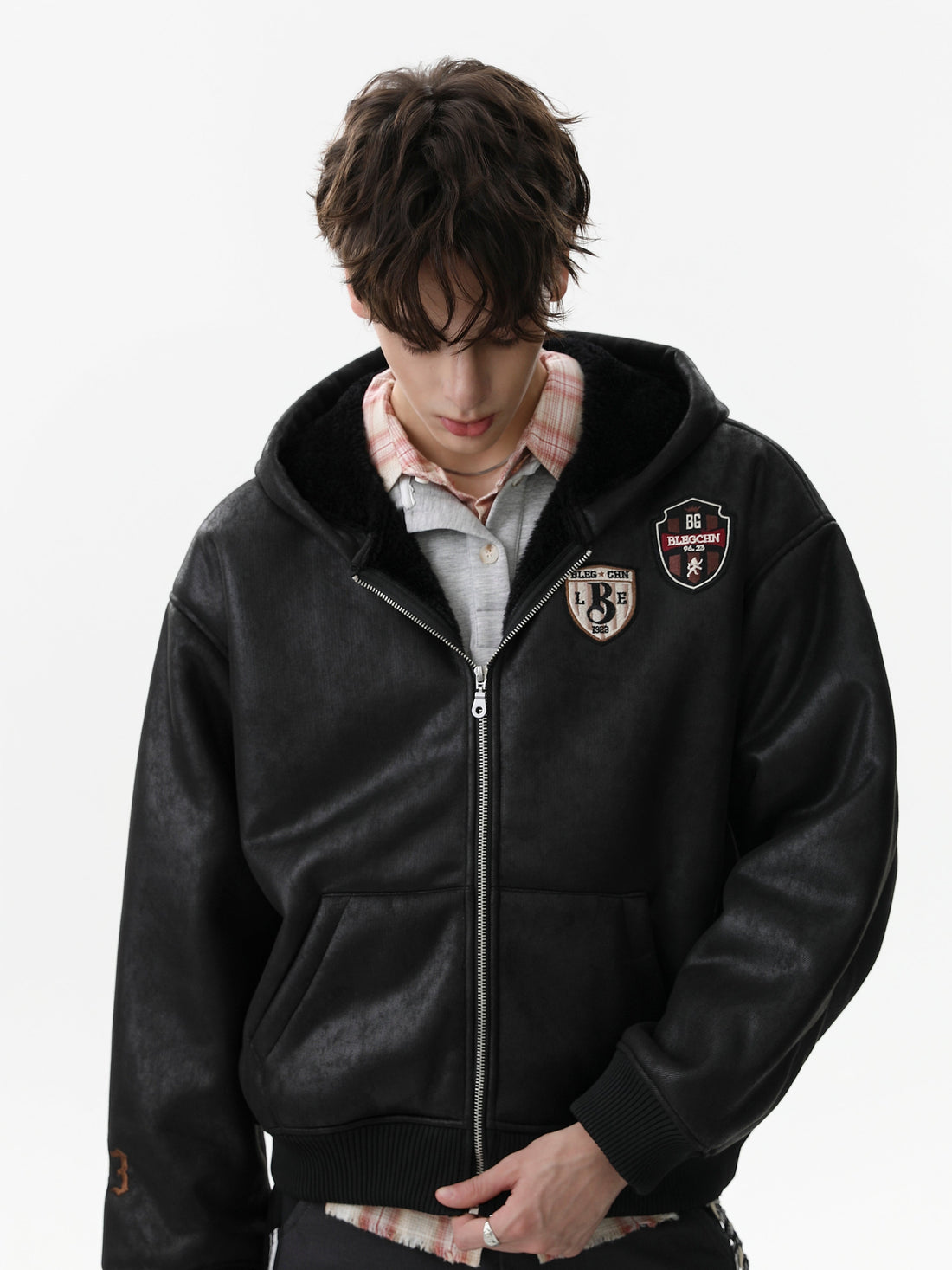 3-6-5.shop Badge PU Leather Hooded Jacket