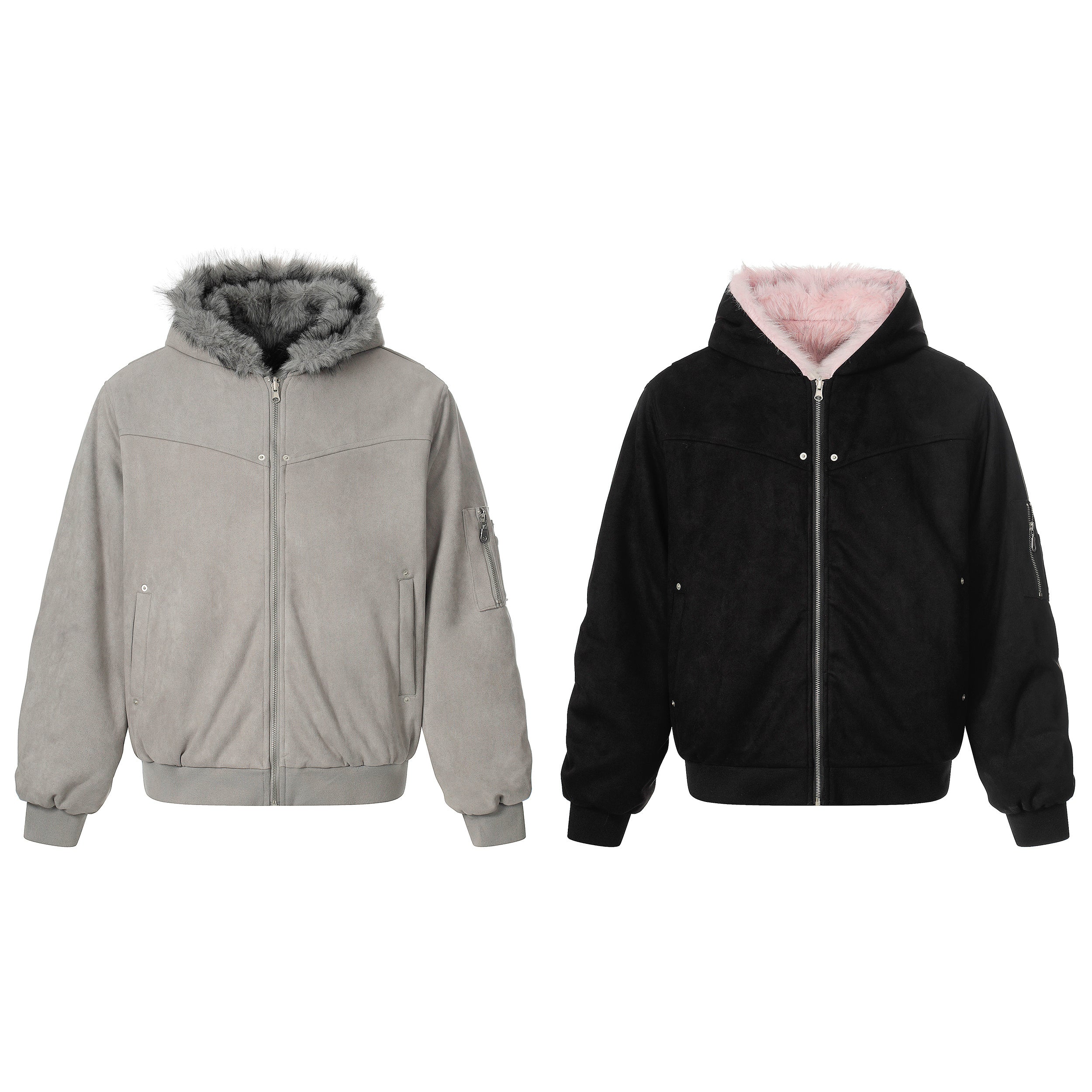 3-6-5.shop Reversible Faux Suede Fur Hooded Jacket