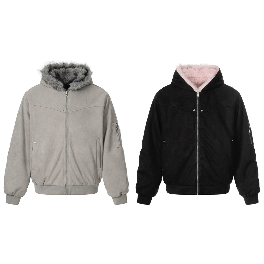 3-6-5.shop Reversible Faux Suede Fur Hooded Jacket