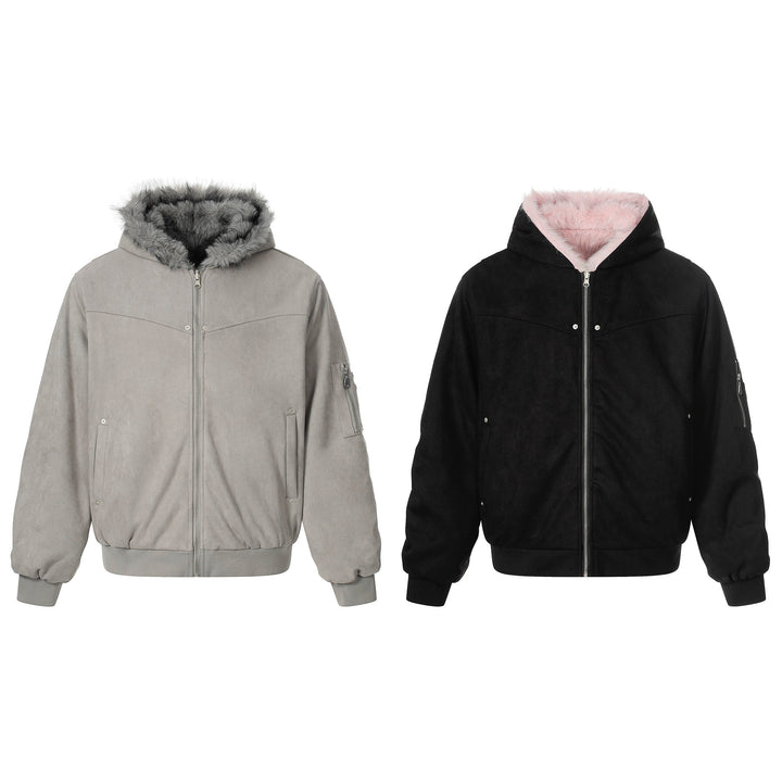 3-6-5.shop Reversible Faux Suede Fur Hooded Jacket