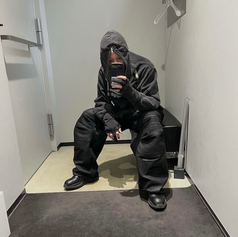 3-6-5.shop Curved-Stitch Leather Denim Pants