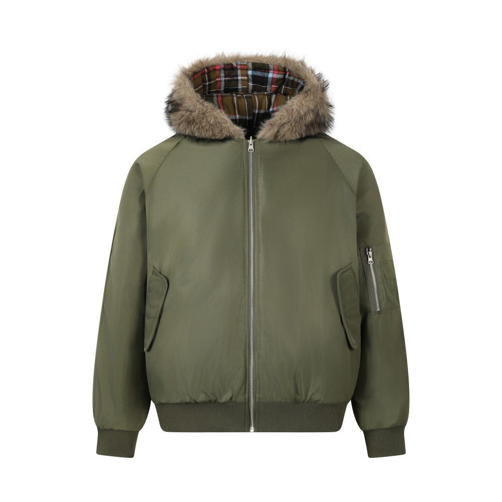 3-6-5.shop Reversible Plaid Fur Hooded Jacket