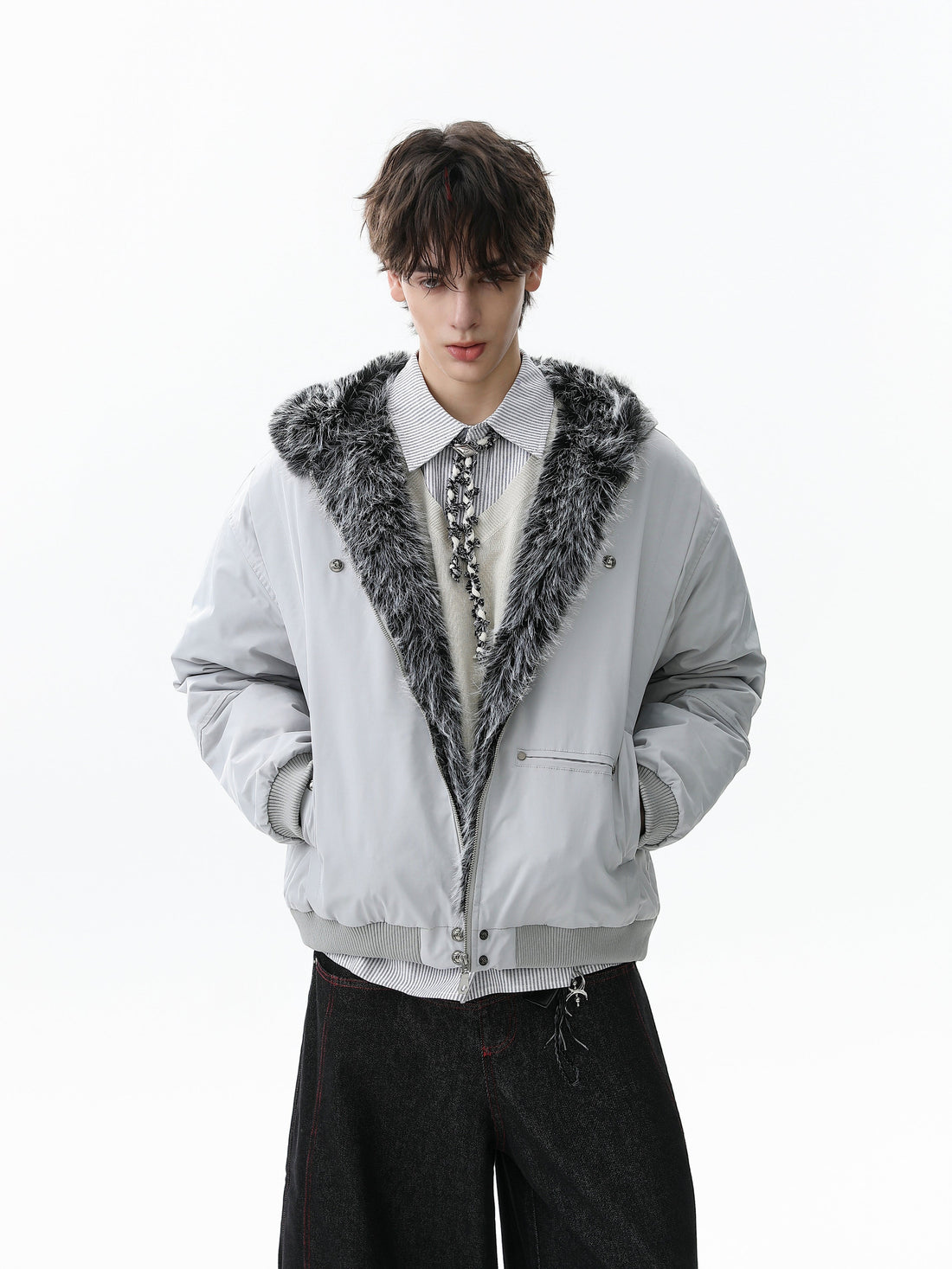 3-6-5.shop Faux Fur Hood Utility Bomber Jacket