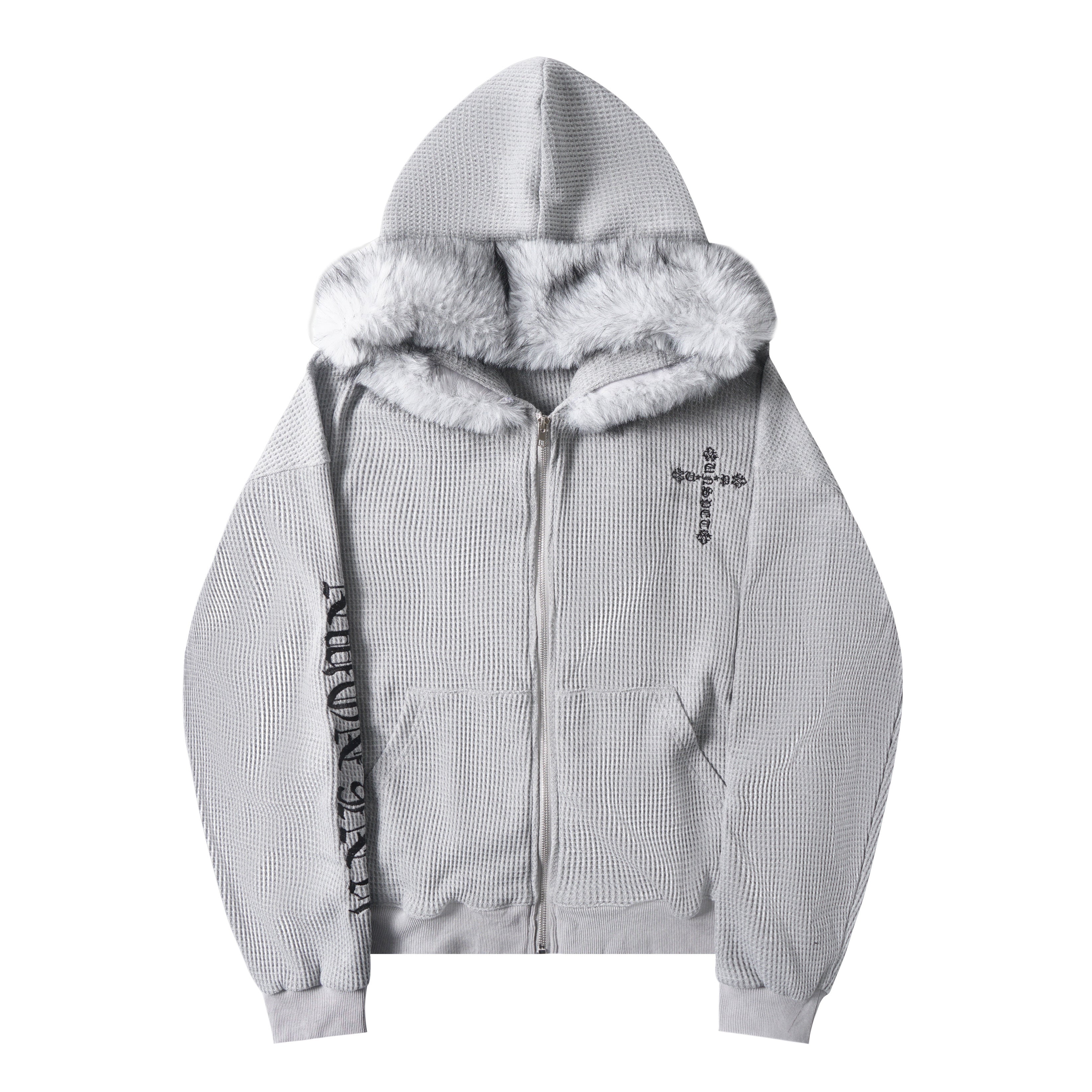 3-6-5.shop Faux Fur Trim Zip-Up Hoodie