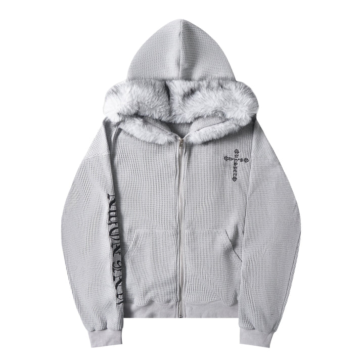3-6-5.shop Faux Fur Trim Zip-Up Hoodie