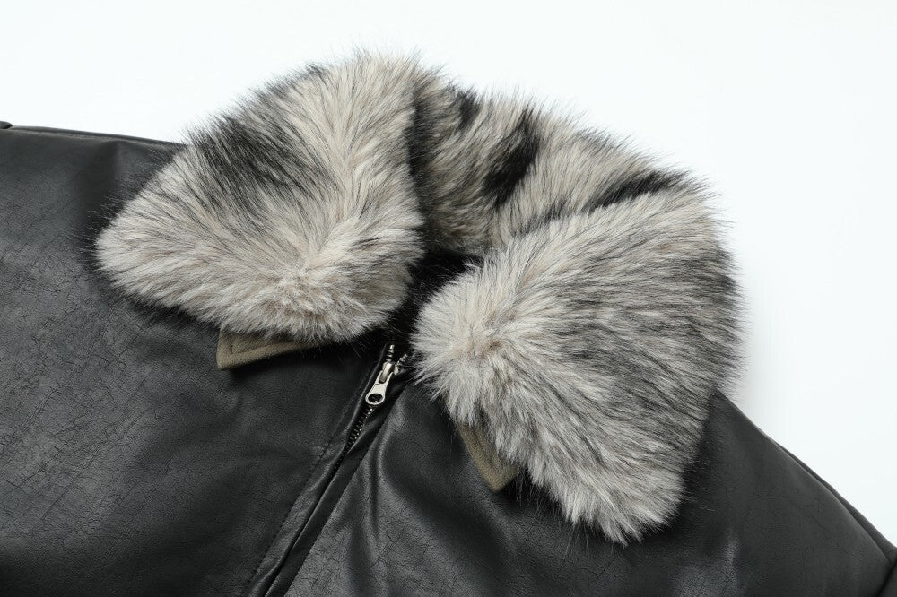 3-6-5.shop Detachable Fur Collar PU Jacket