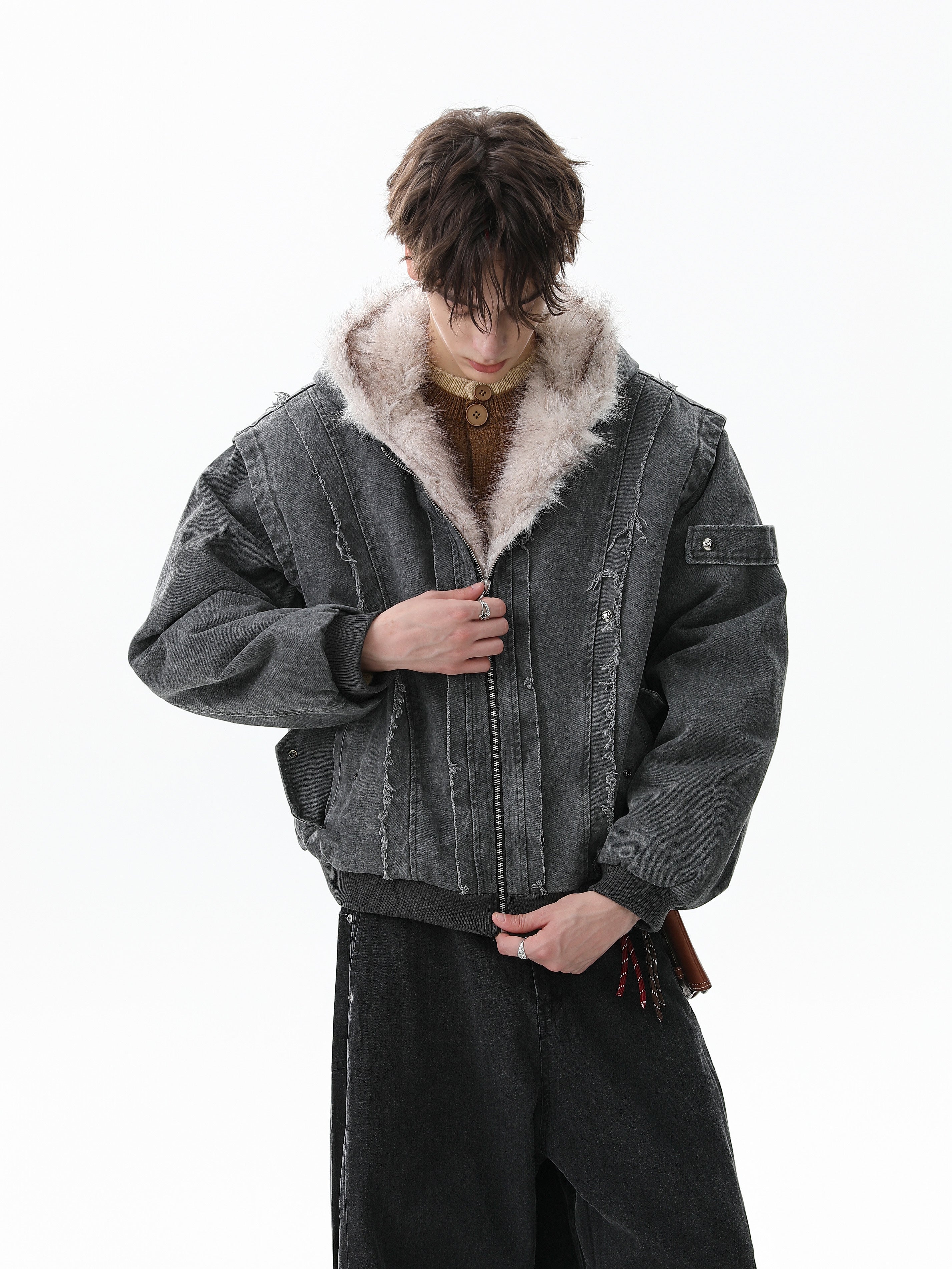 3-6-5.shop Washed Shearling-Lined Denim Hooded Jacket