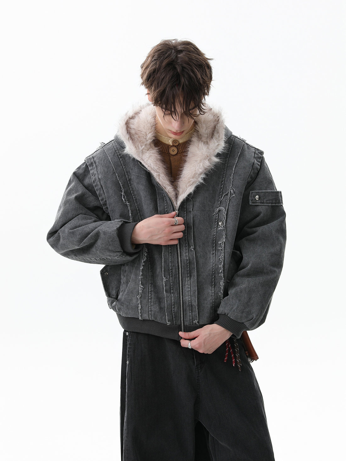 3-6-5.shop Washed Shearling-Lined Denim Hooded Jacket