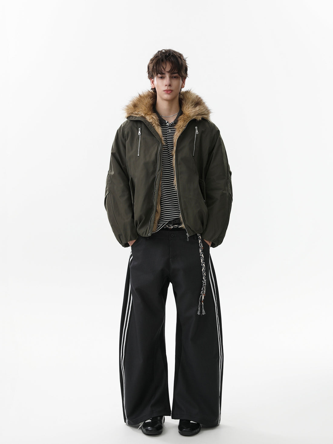 3-6-5.shop Faux Fur Collar Utility Bomber Jacket