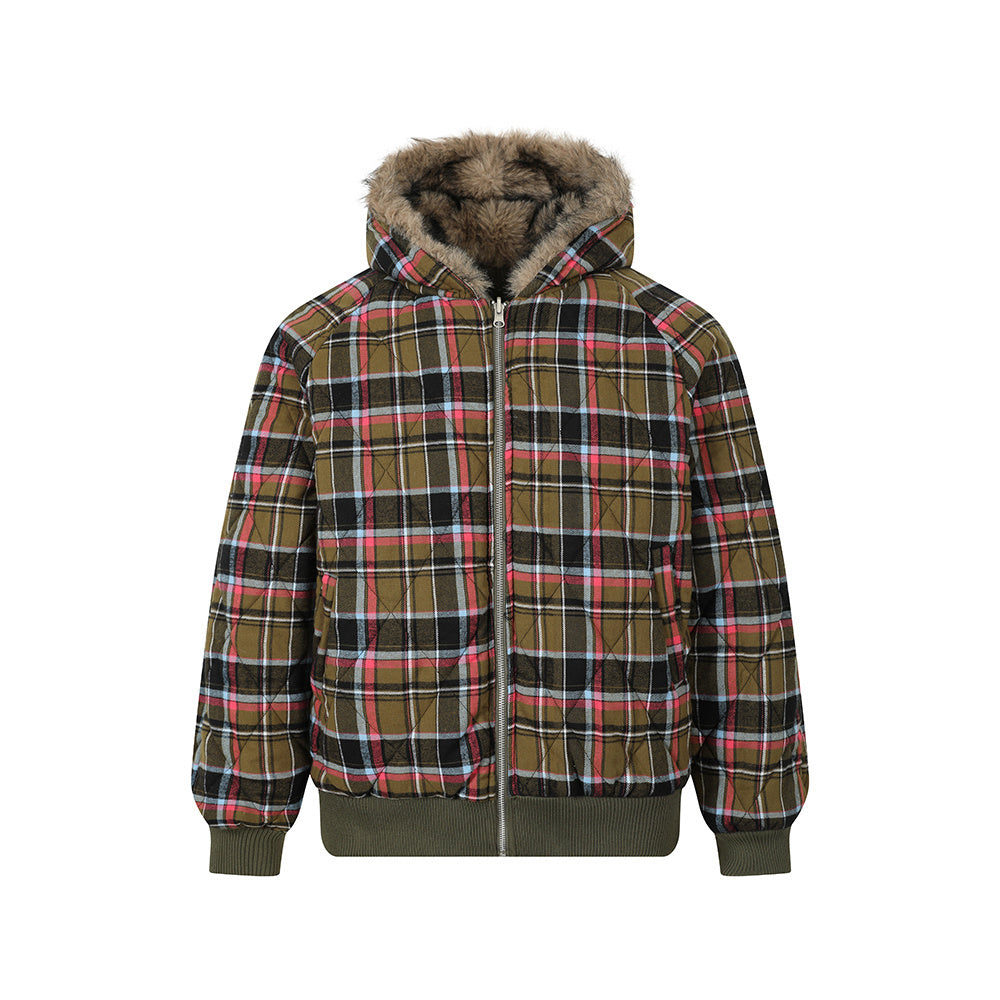 3-6-5.shop Reversible Plaid Fur Hooded Jacket