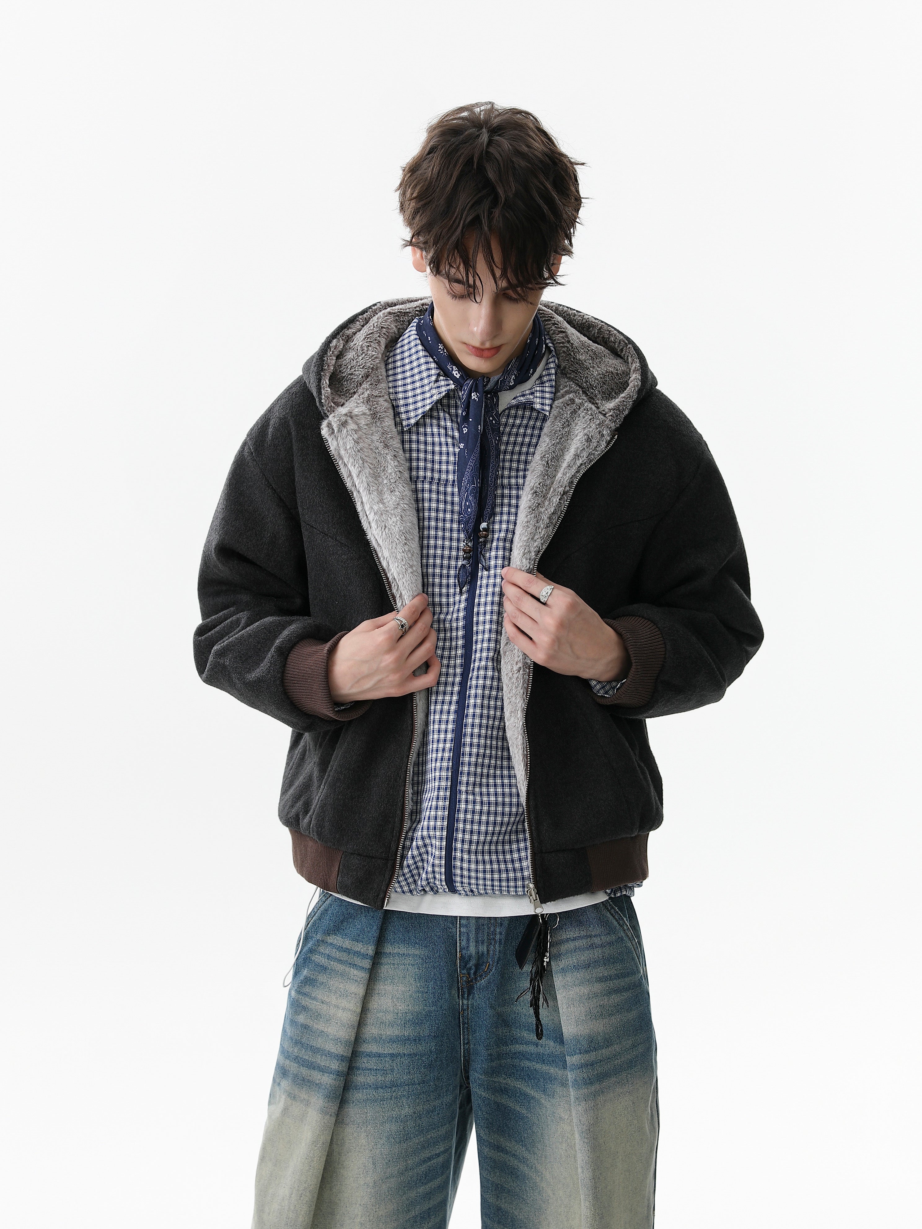 3-6-5.shop Wool Blend Fleece Hooded Bomber Jacket
