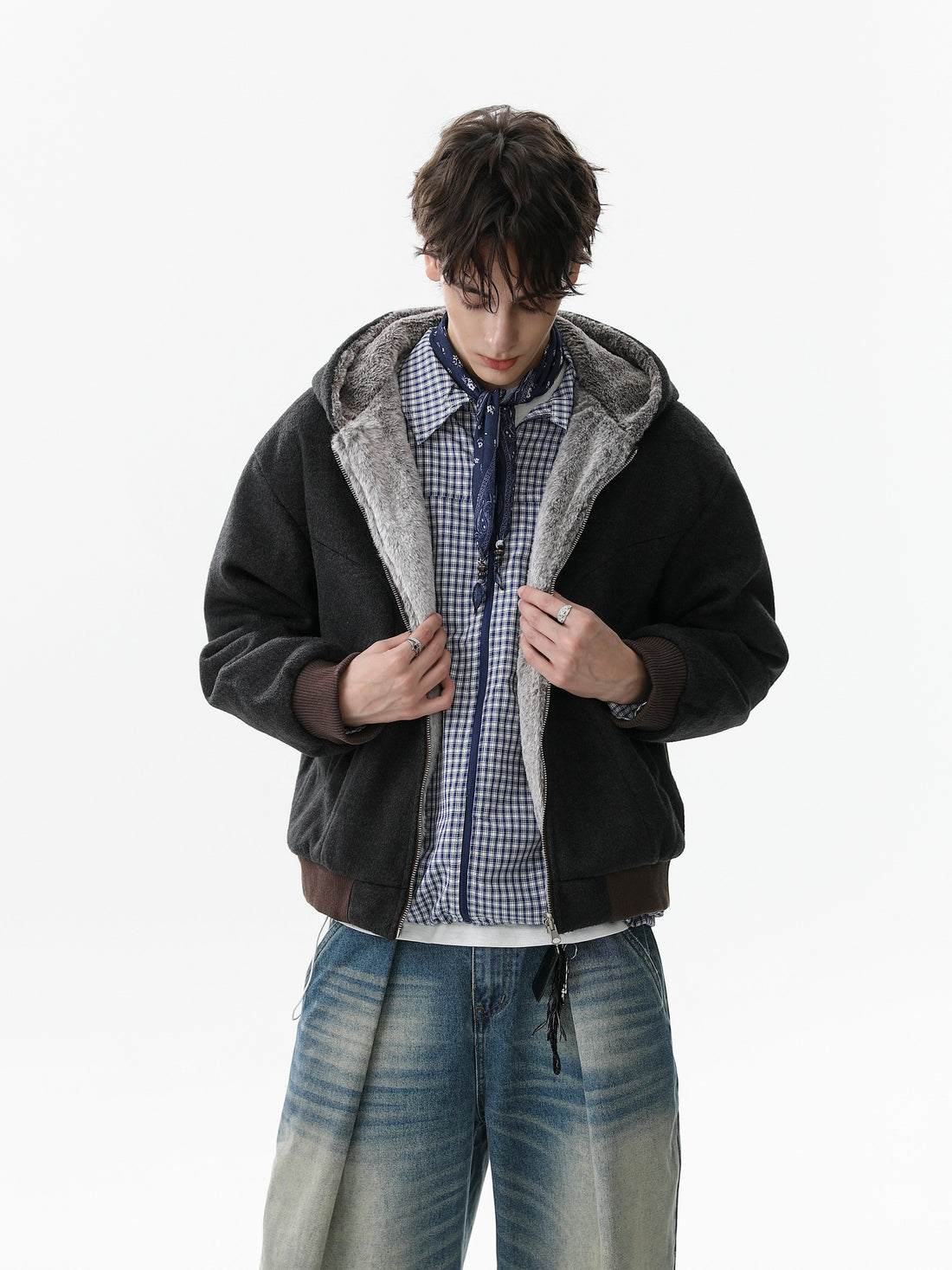 3-6-5.shop Wool Blend Fleece Hooded Bomber Jacket