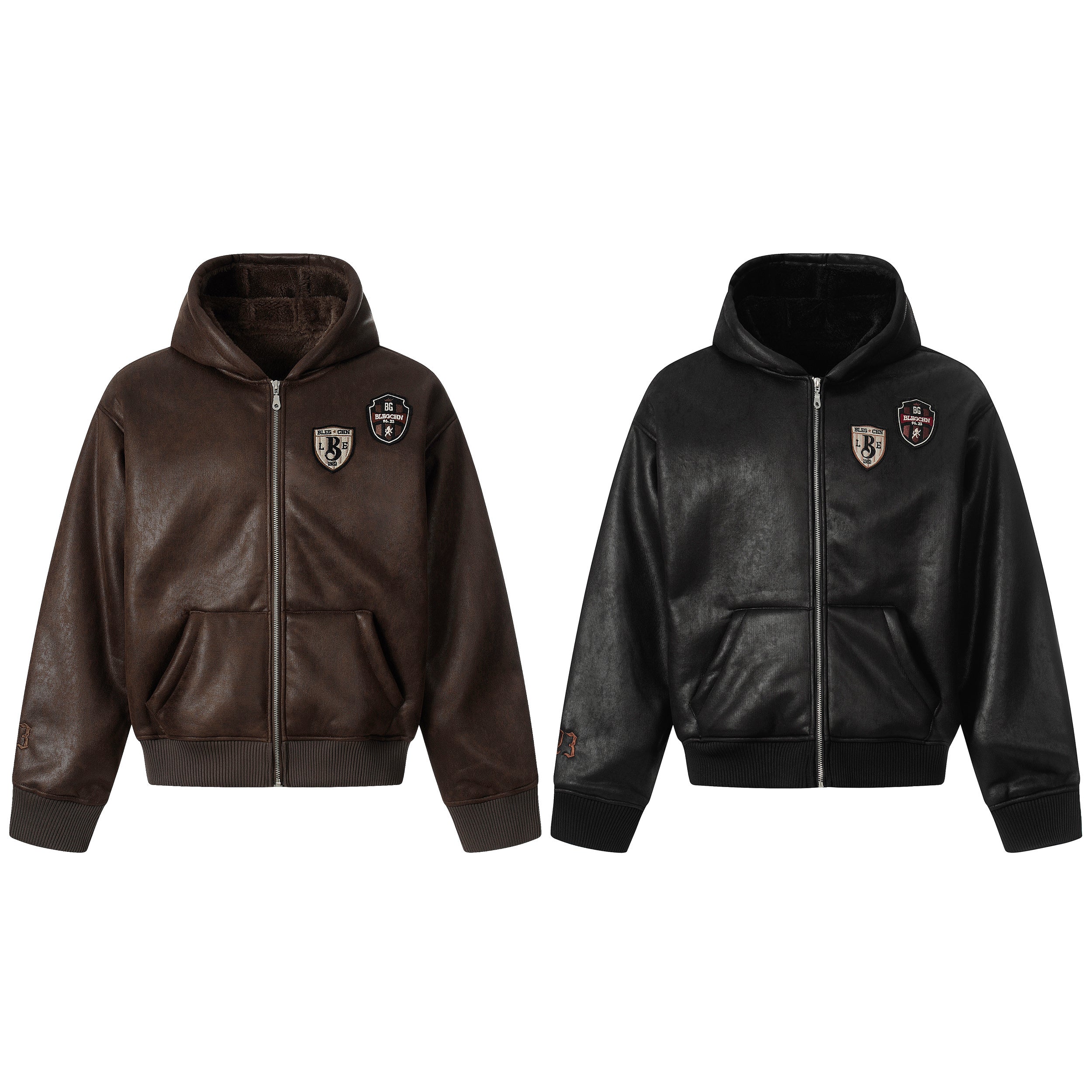 3-6-5.shop Badge PU Leather Hooded Jacket