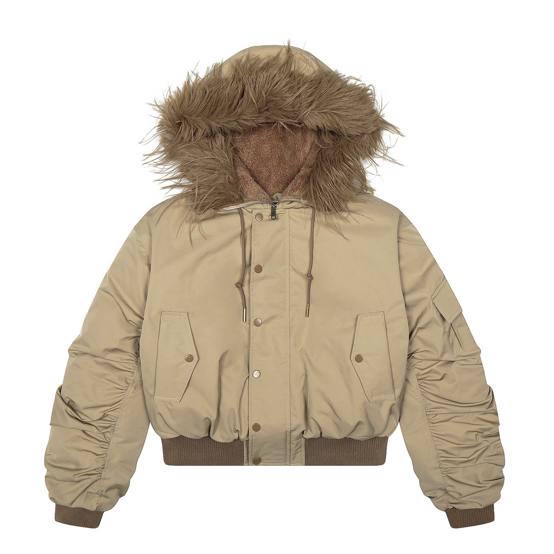3-6-5.shop Faux Fur Hooded Nylon Bomber Jacket
