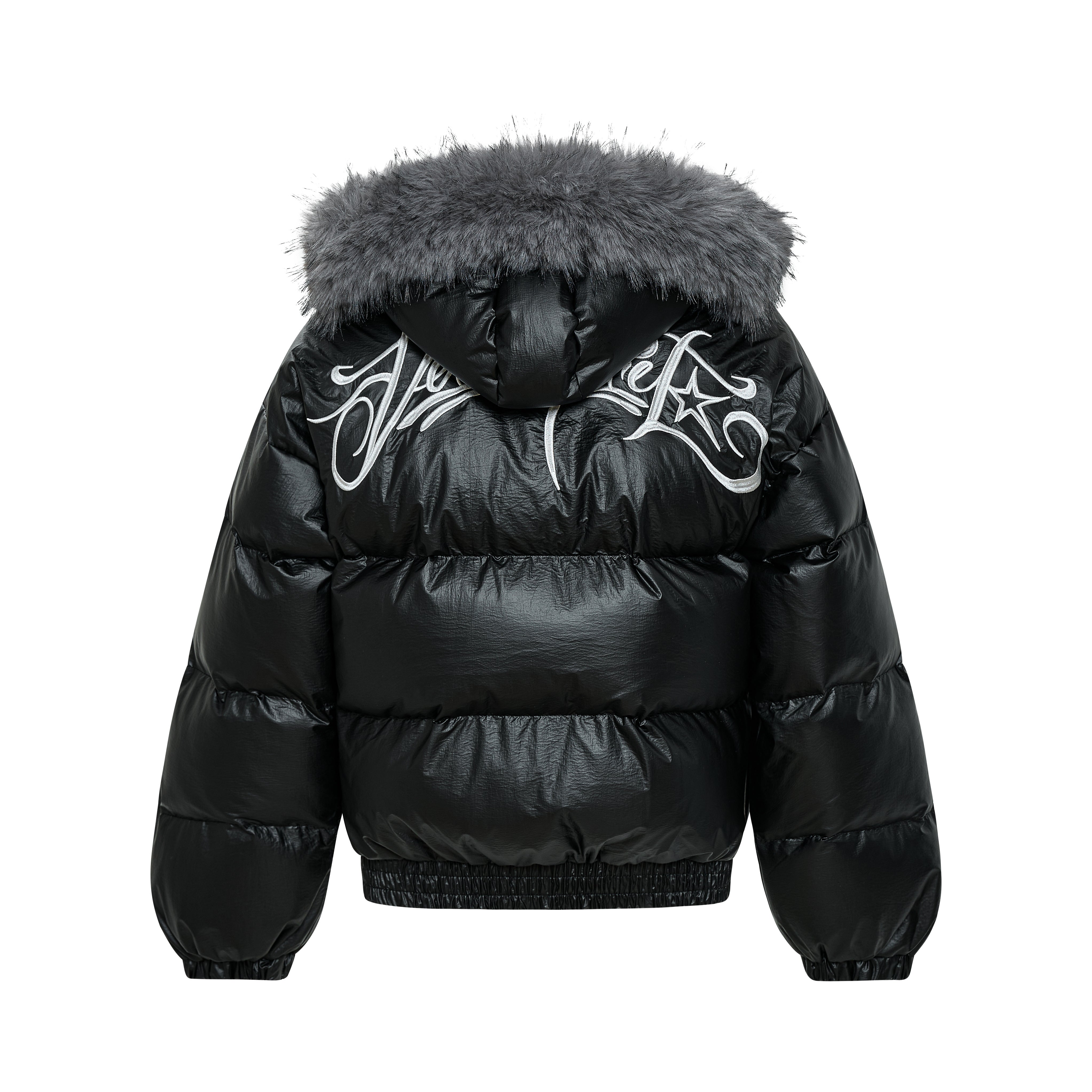 3-6-5.shop Shiny Fur-Trim Embroidered Puffer Jacket