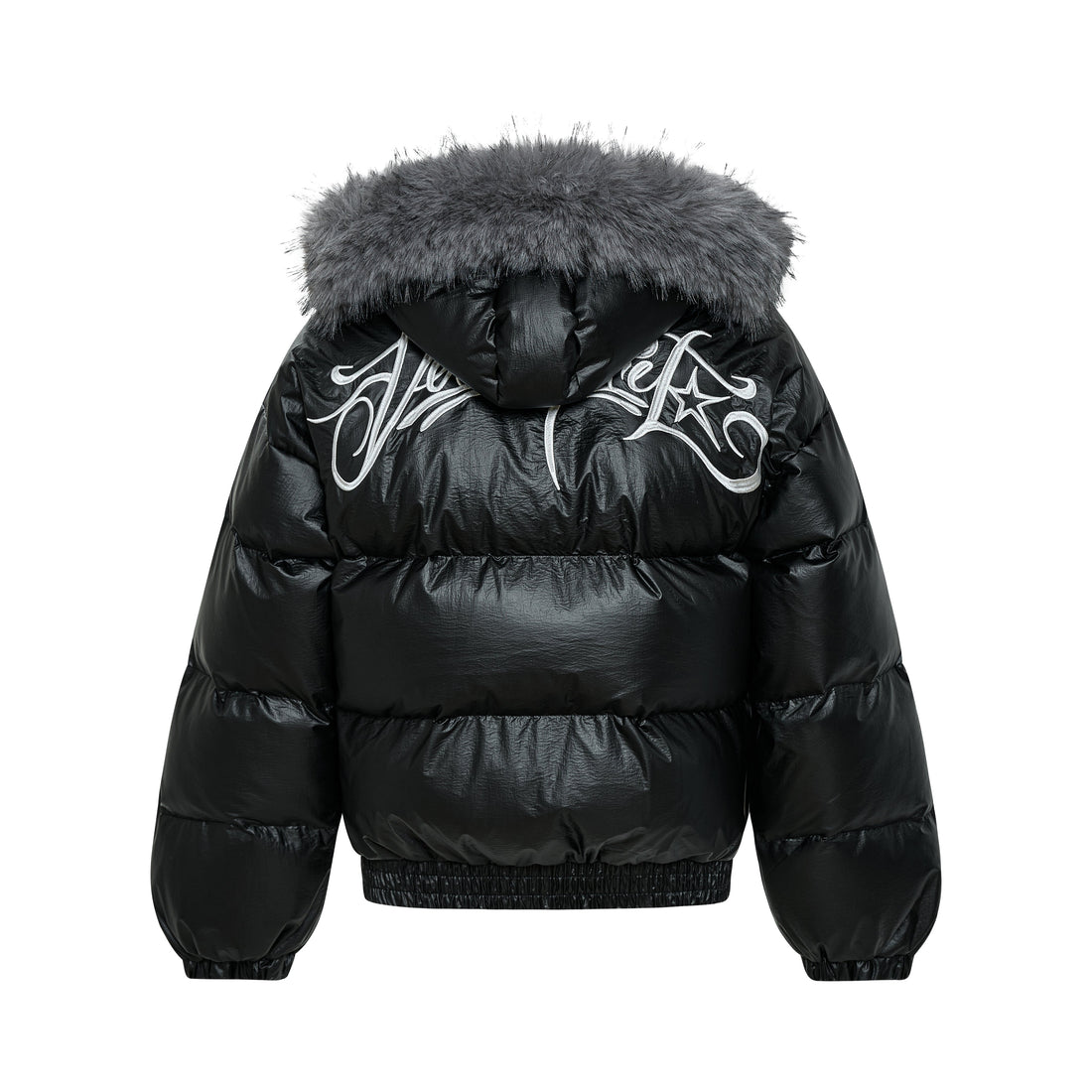 3-6-5.shop Shiny Fur-Trim Embroidered Puffer Jacket
